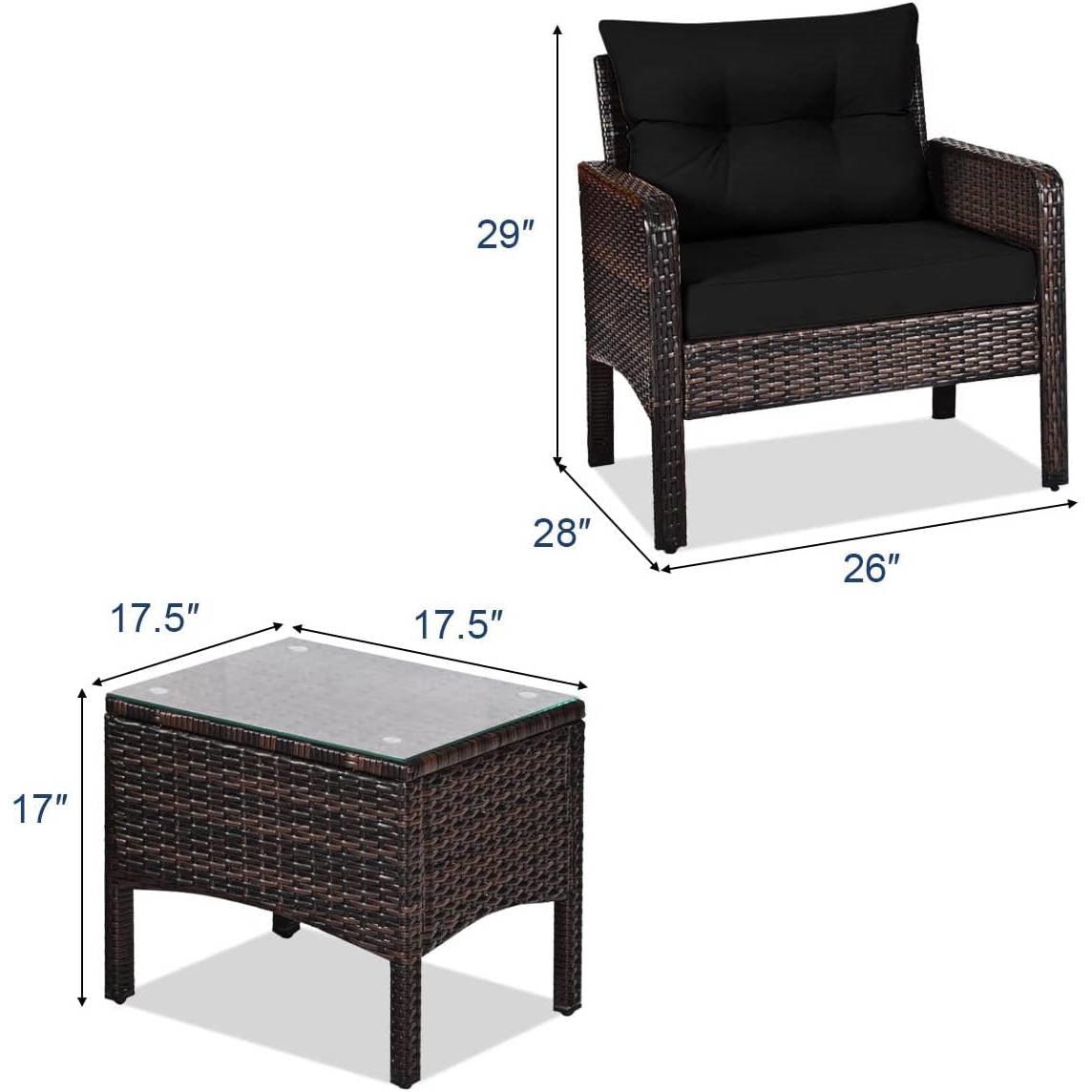 3-Piece Brown PE Rattan Outdoor Dining Patio Furniture Set with Black Cushions - PRHOMZ