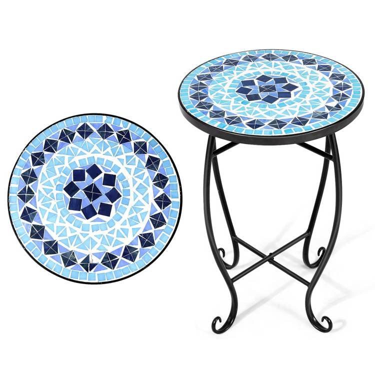 Indoor/Outdoor Blue Mosaic Round Side Accent Table Plant Stand - PRHOMZ