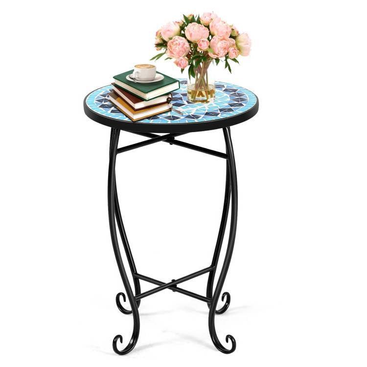 Indoor/Outdoor Blue Mosaic Round Side Accent Table Plant Stand - PRHOMZ