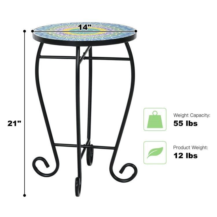 Indoor/Outdoor Blue Mosaic Round Side Accent Table Plant Stand - PRHOMZ