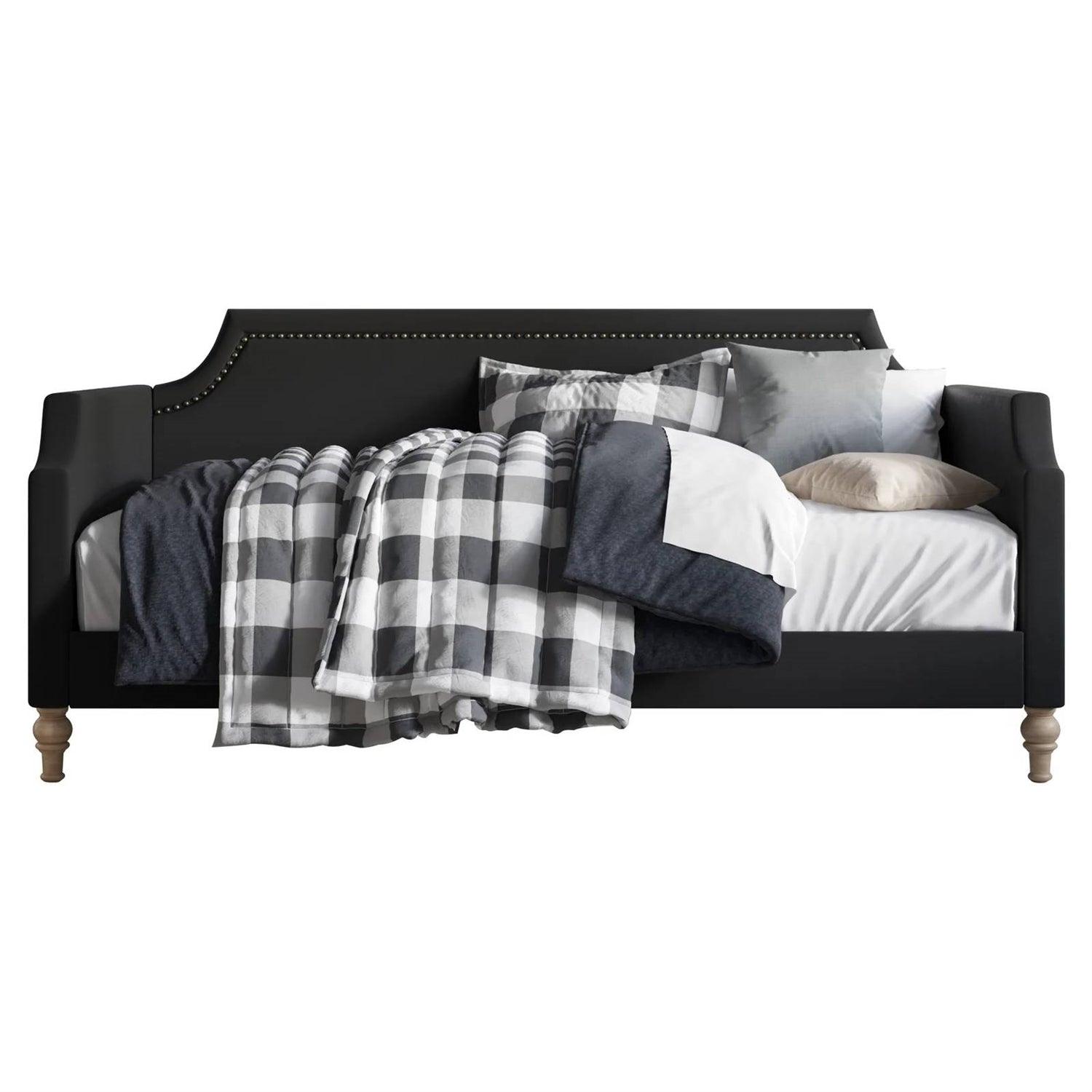 Twin size Black Polyester Fabric Upholstered Daybed with Nailhead Trim - PRHOMZ