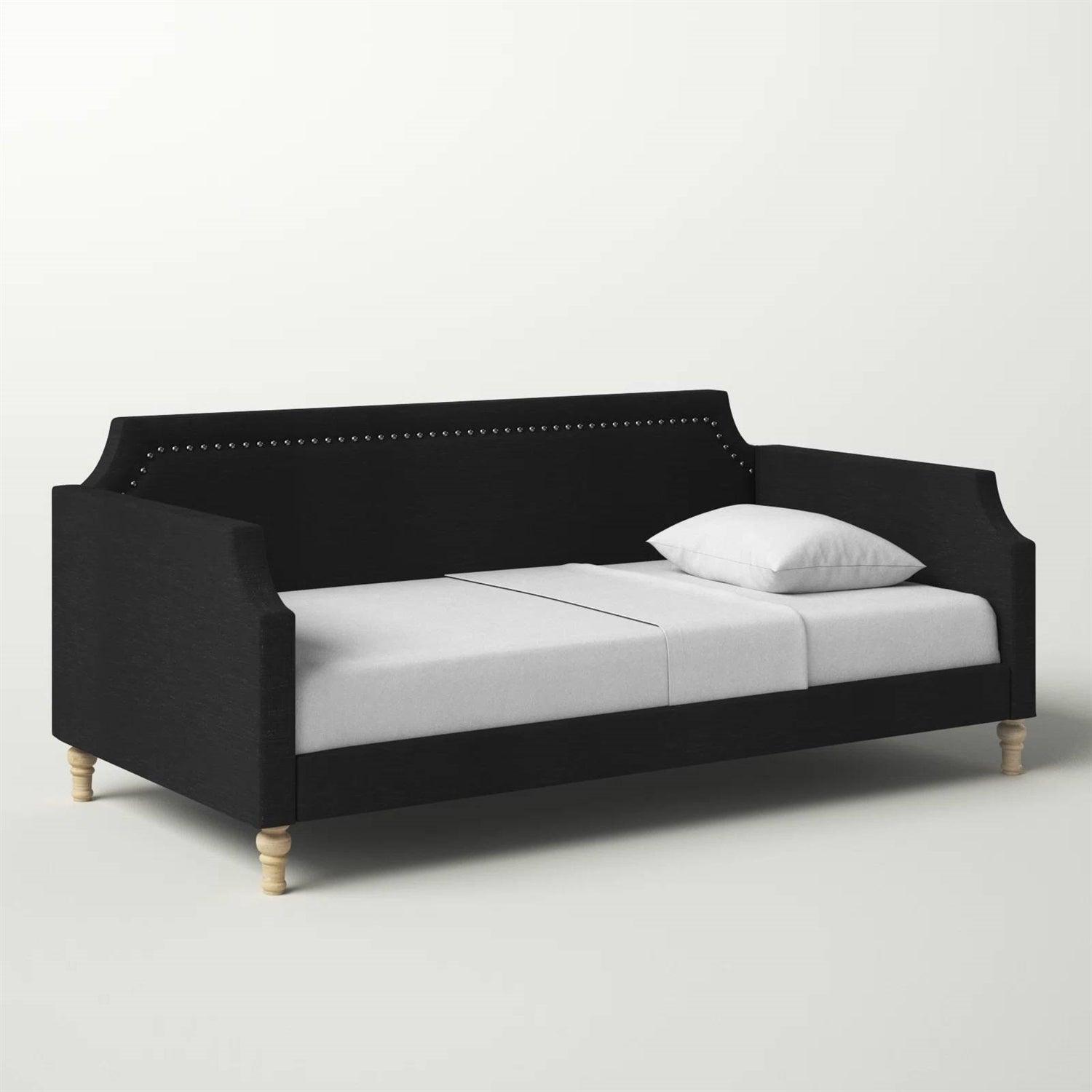 Twin size Black Polyester Fabric Upholstered Daybed with Nailhead Trim - PRHOMZ