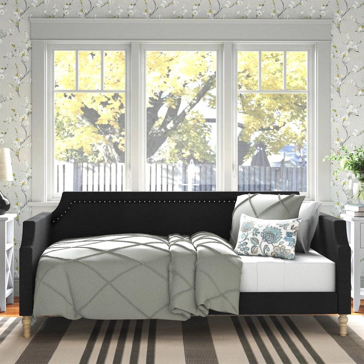 Twin size Black Polyester Fabric Upholstered Daybed with Nailhead Trim - PRHOMZ