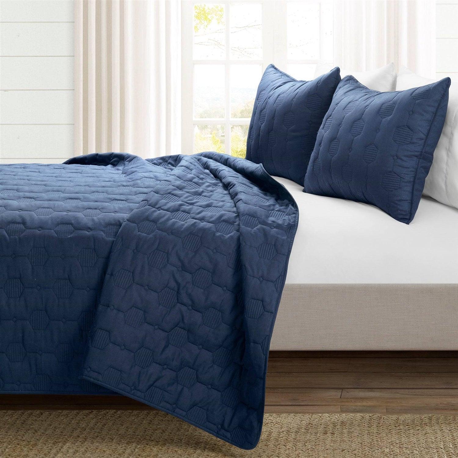 Full/Queen size Lightweight Blue Textured Cotton 3 Piece Quilt Set - PRHOMZ