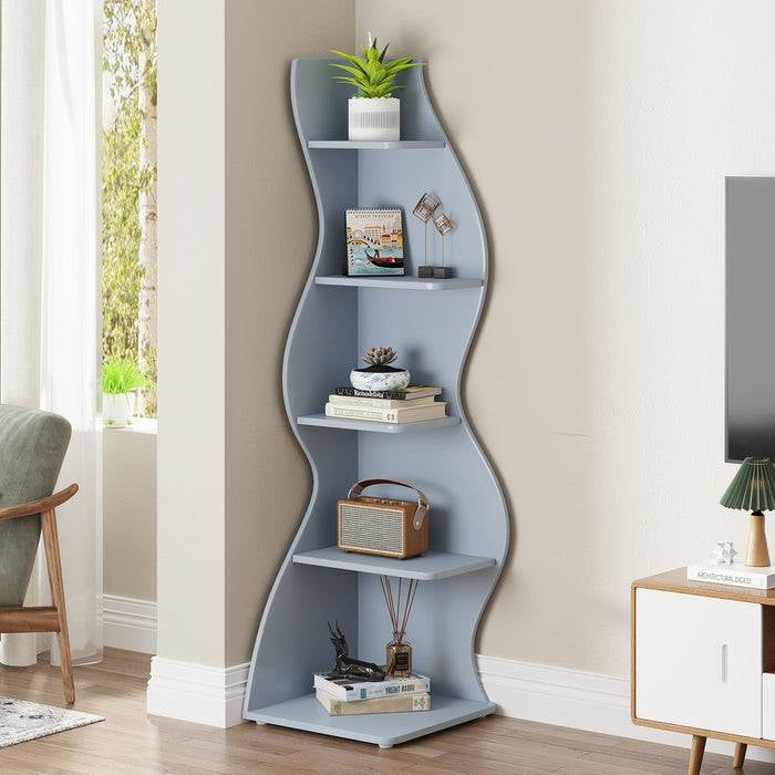 Modern Whimsical 5 Shelf Corner Bookcase Stand Blue Wood Finish-2