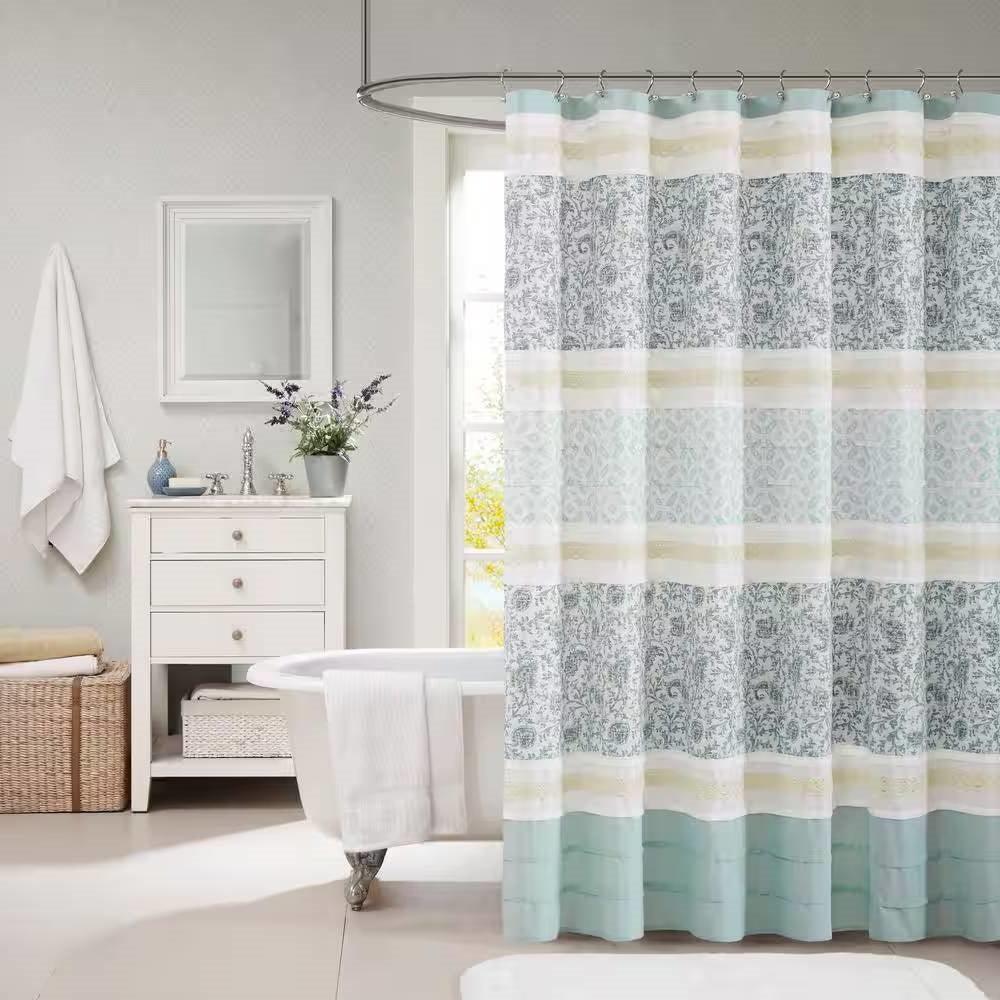 72 x 72-in Cotton Shower Curtain with Teal Blue Grey Cream White Paisley Pattern - PRHOMZ