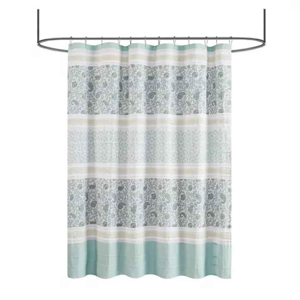 72 x 72-in Cotton Shower Curtain with Teal Blue Grey Cream White Paisley Pattern - PRHOMZ