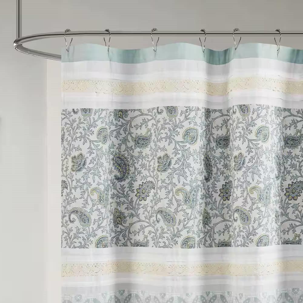 72 x 72-in Cotton Shower Curtain with Teal Blue Grey Cream White Paisley Pattern - PRHOMZ