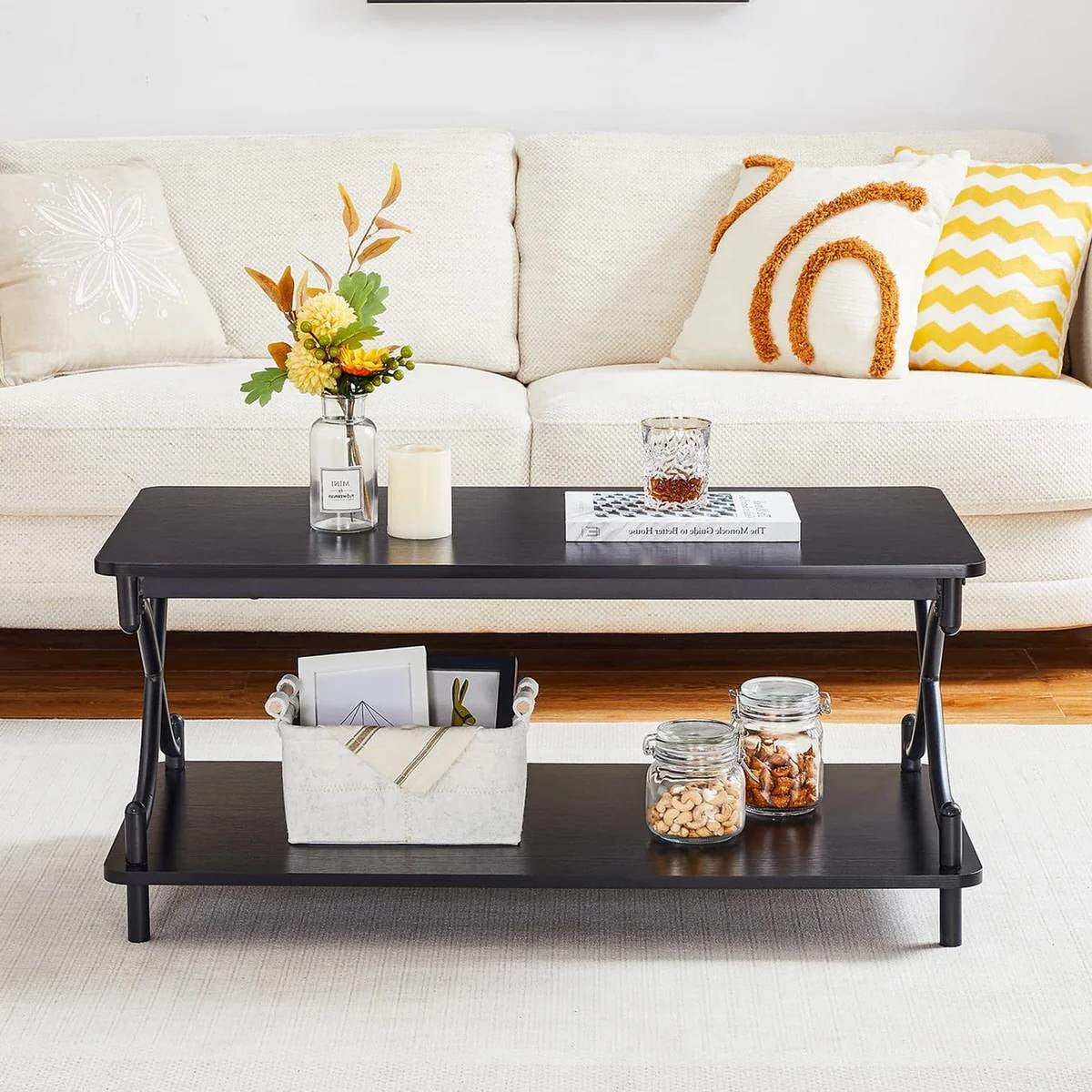 Modern Industrial Black Metal Wood Coffee Table with Bottom Storage Shelf-2
