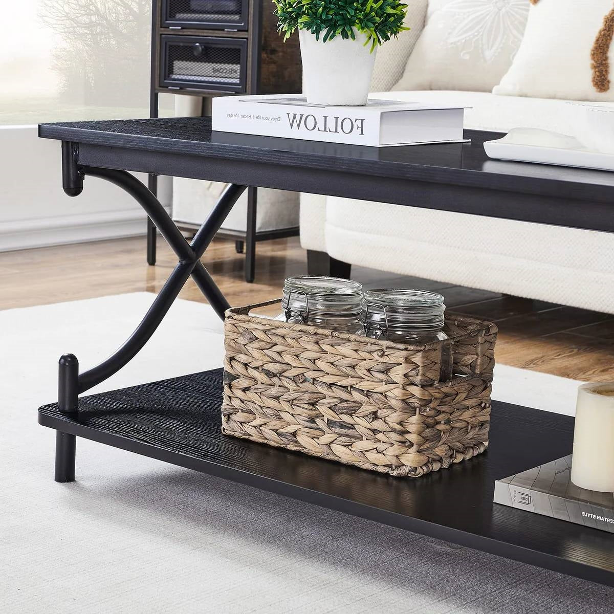 Modern Industrial Black Metal Wood Coffee Table with Bottom Storage Shelf-3