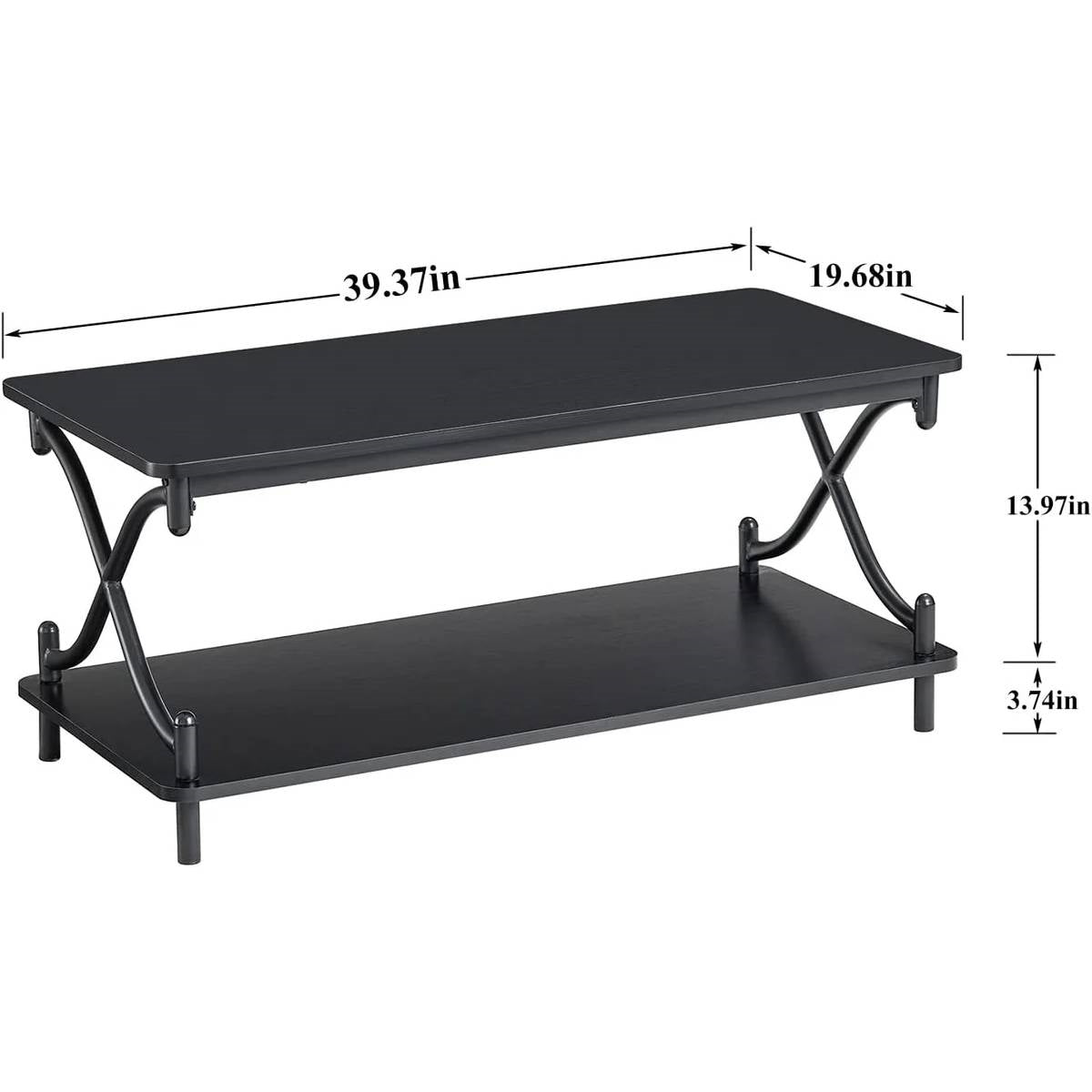 Modern Industrial Black Metal Wood Coffee Table with Bottom Storage Shelf-4