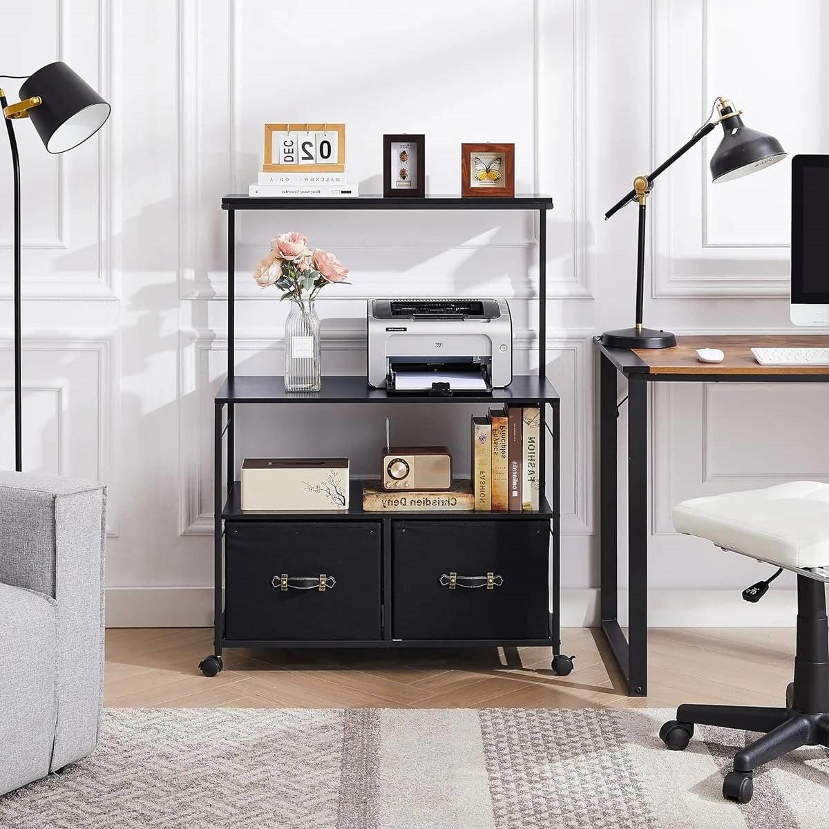 Industrial Modern Black Metal Wood Printer Stand File Cabinet w/ Fabric Drawers-2