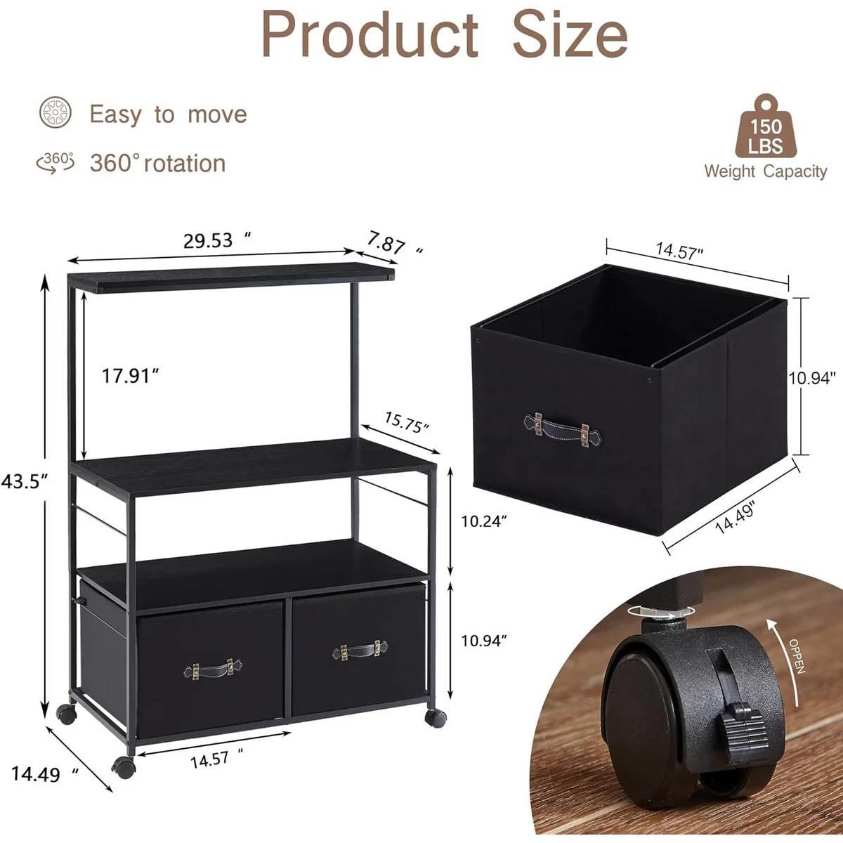 Industrial Modern Black Metal Wood Printer Stand File Cabinet w/ Fabric Drawers-4