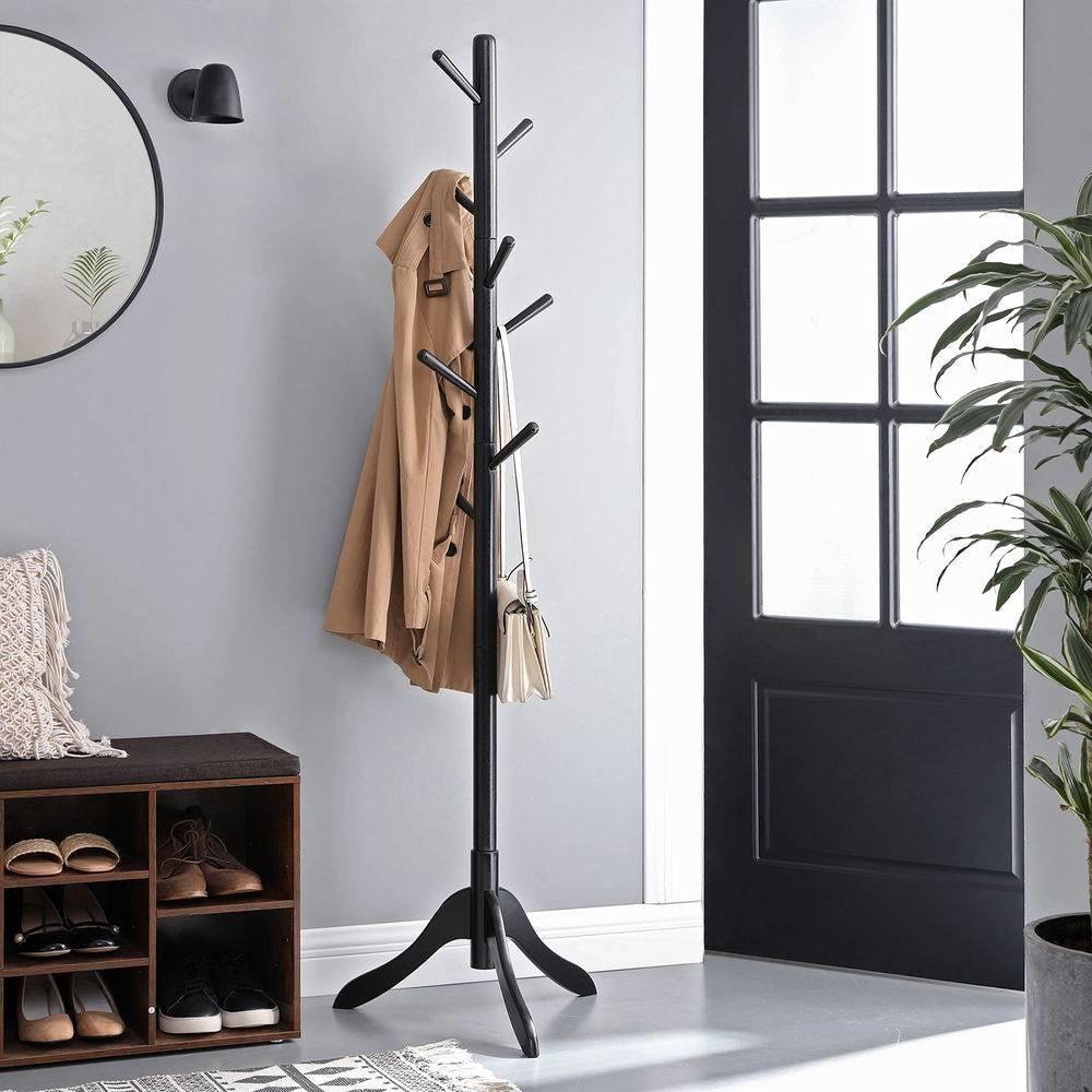 Space Saving Solid Wood Modern Coat Rack in Black Finish - PRHOMZ