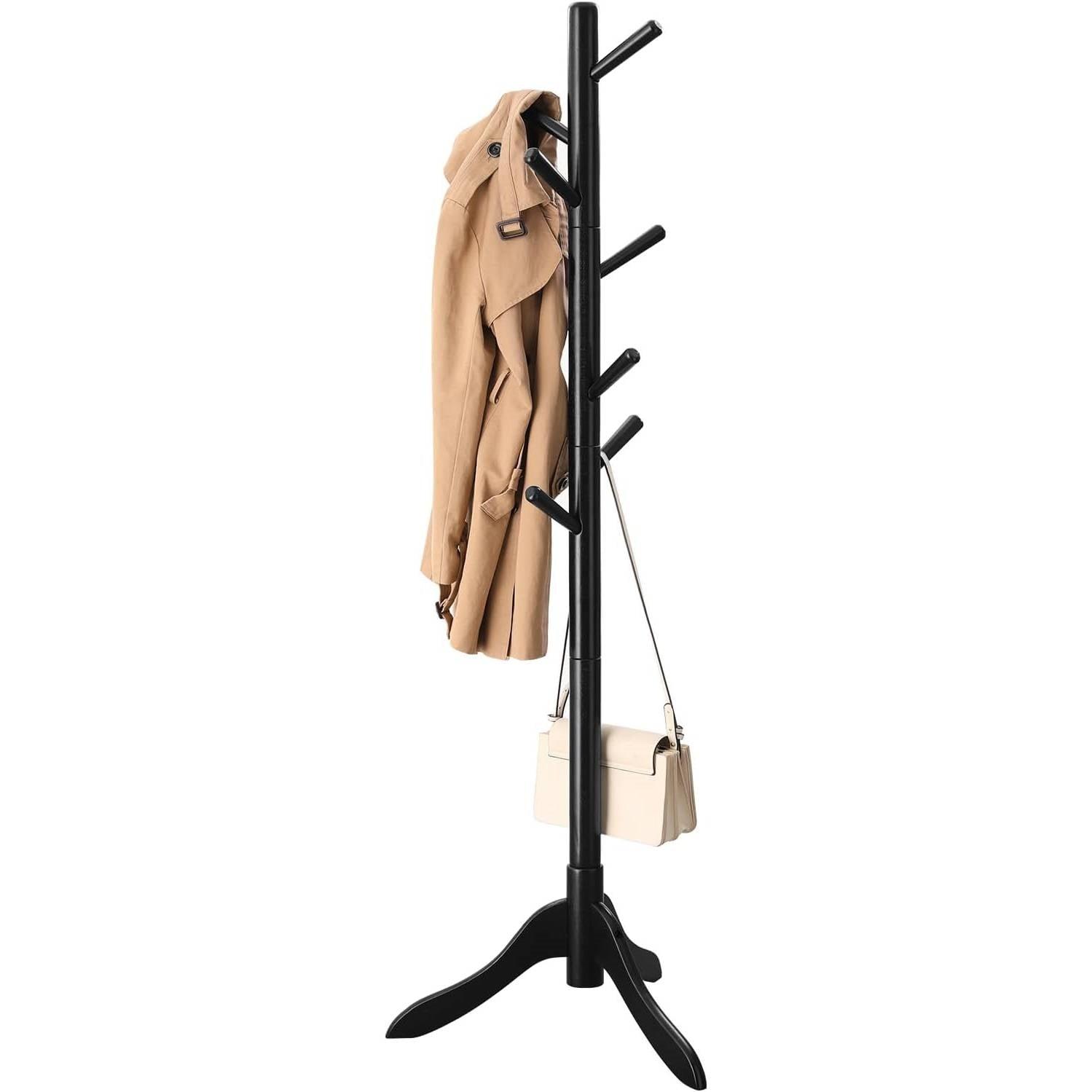 Space Saving Solid Wood Modern Coat Rack in Black Finish - PRHOMZ
