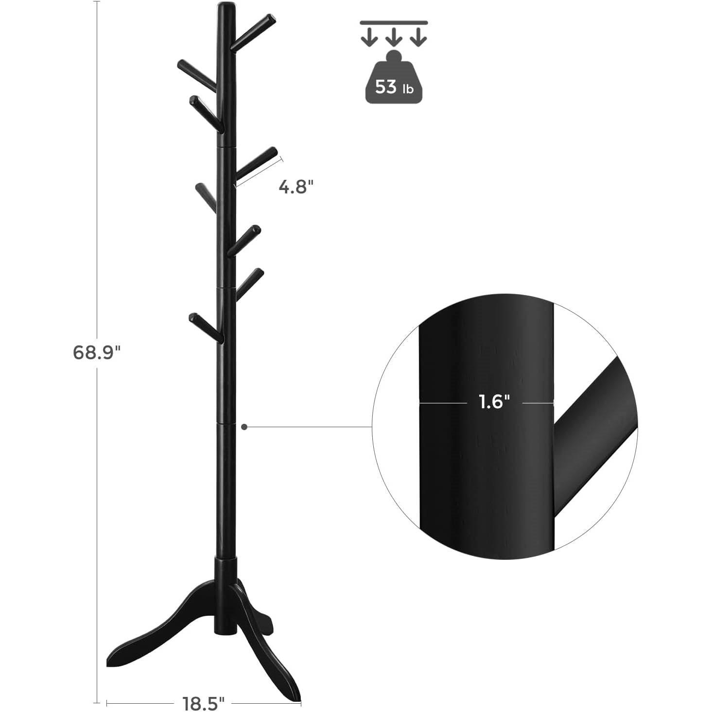 Space Saving Solid Wood Modern Coat Rack in Black Finish - PRHOMZ