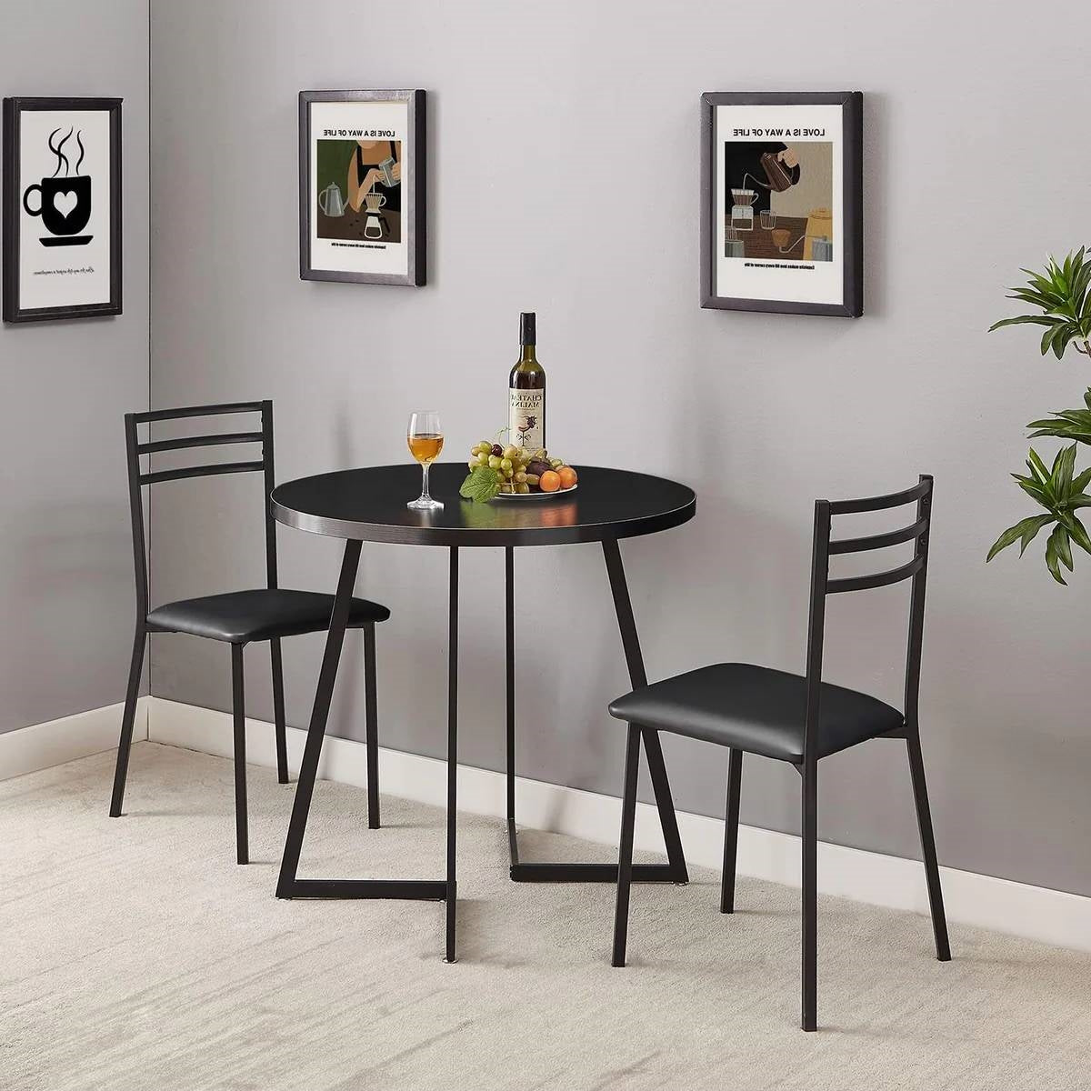 Modern 3-Piece Kitchen Dining Set with Round Black Wood-Top Table and 2 Chairs-1