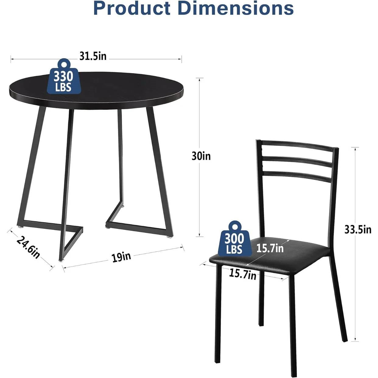 Modern 3-Piece Kitchen Dining Set with Round Black Wood-Top Table and 2 Chairs-4