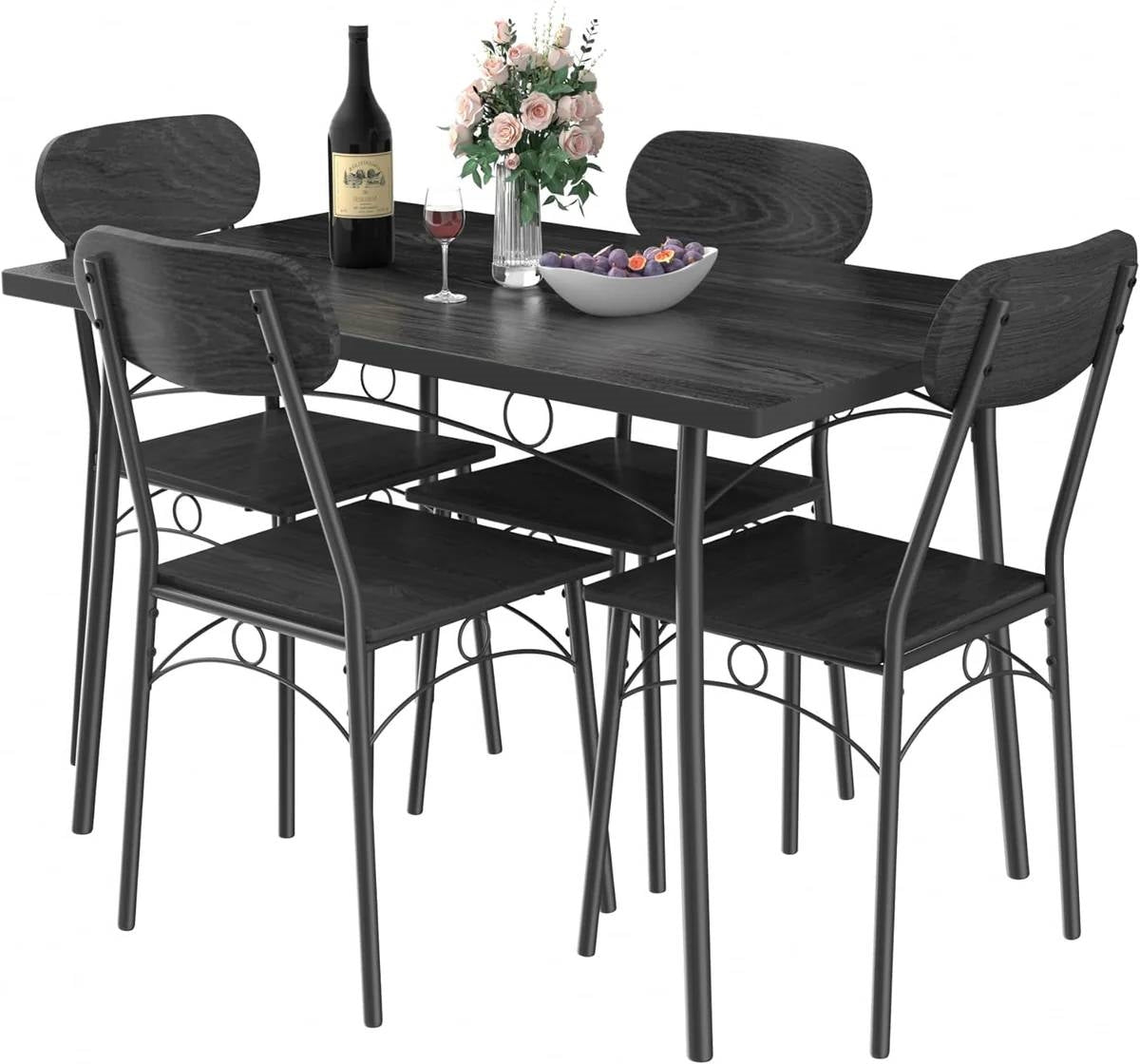 Modern 5-Piece Dining Set with Black Wood-Top Table and 4 Chairs-0