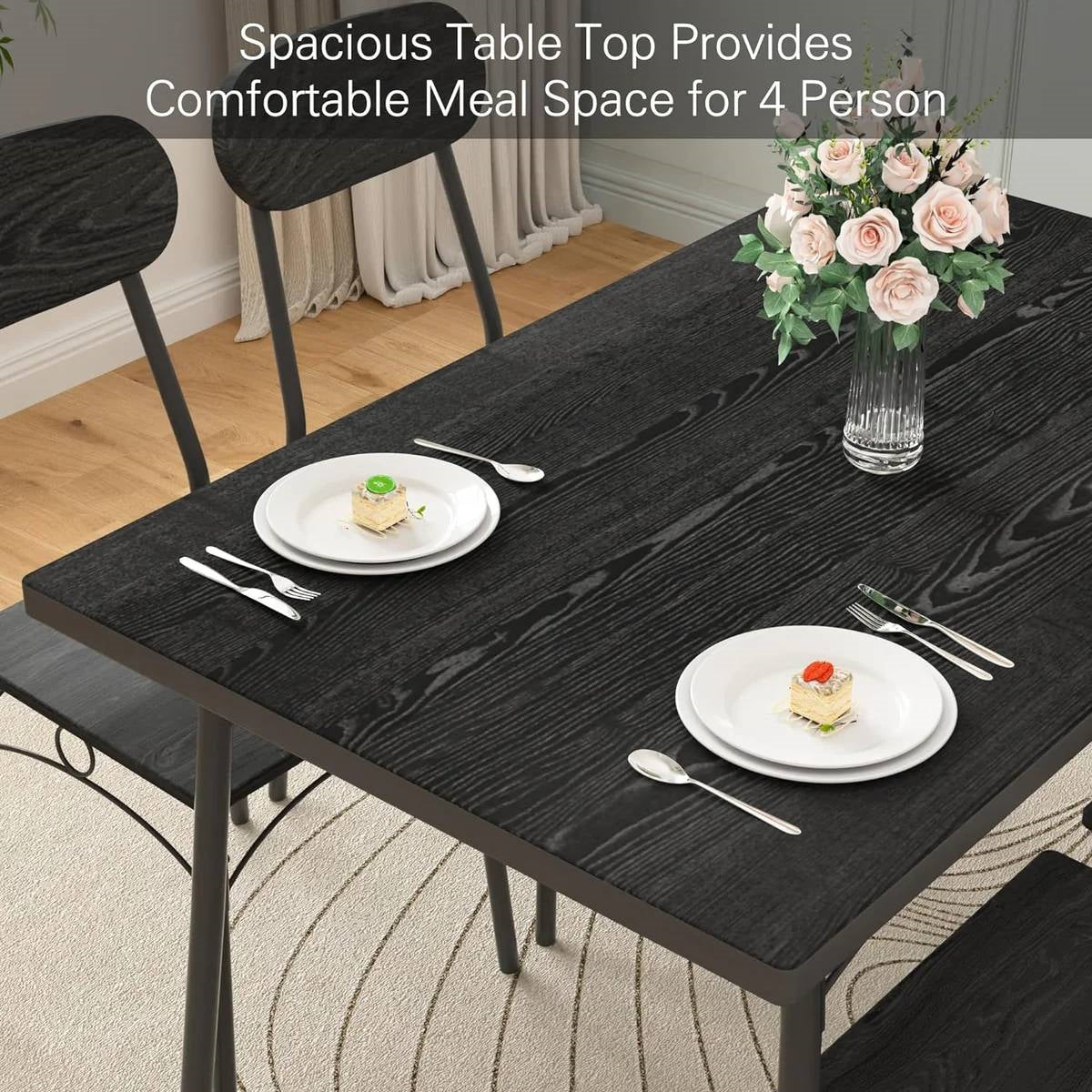 Modern 5-Piece Dining Set with Black Wood-Top Table and 4 Chairs-2