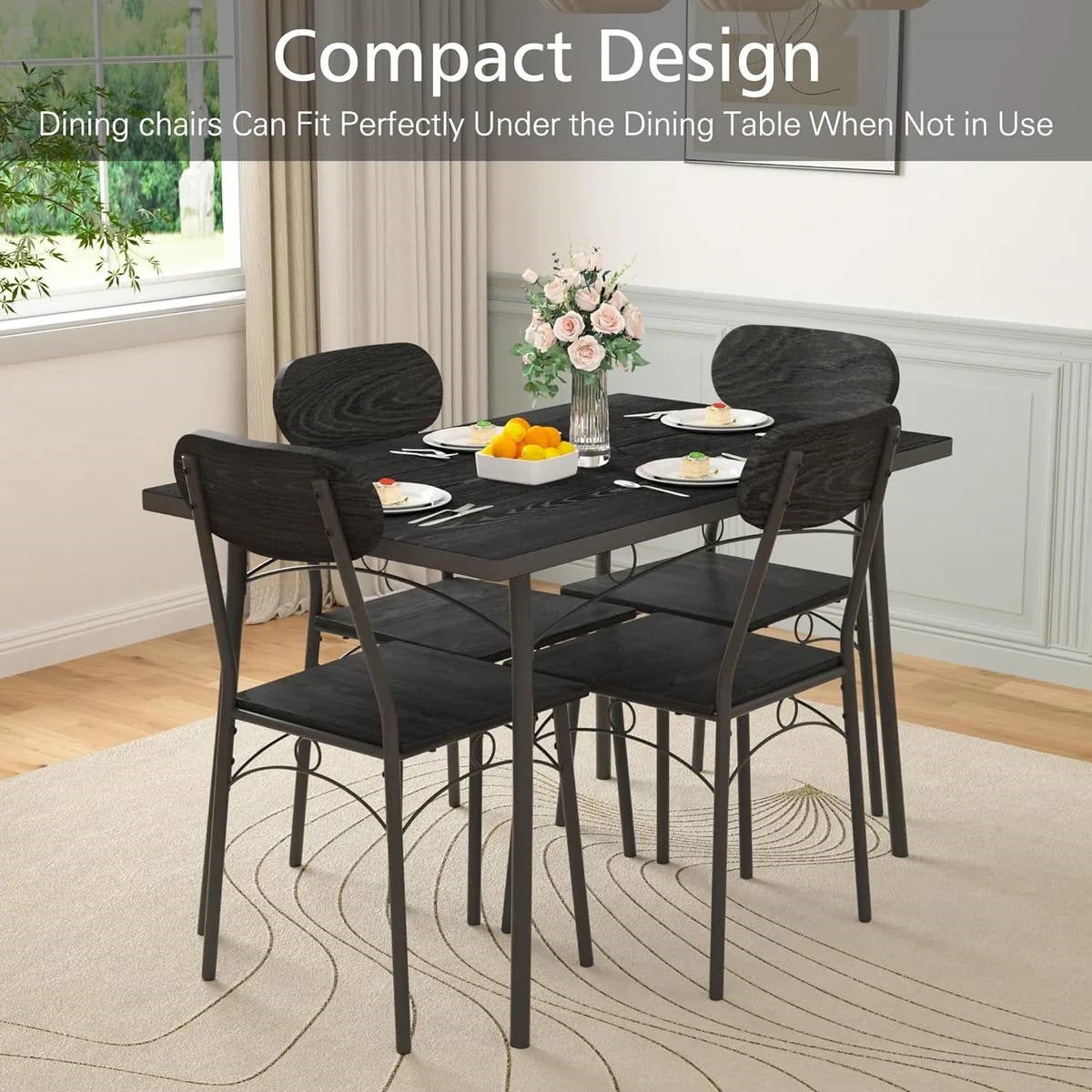 Modern 5-Piece Dining Set with Black Wood-Top Table and 4 Chairs-3