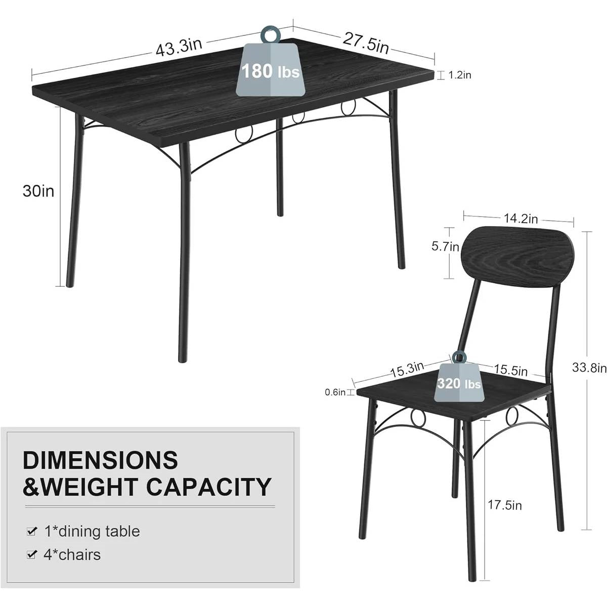 Modern 5-Piece Dining Set with Black Wood-Top Table and 4 Chairs-4