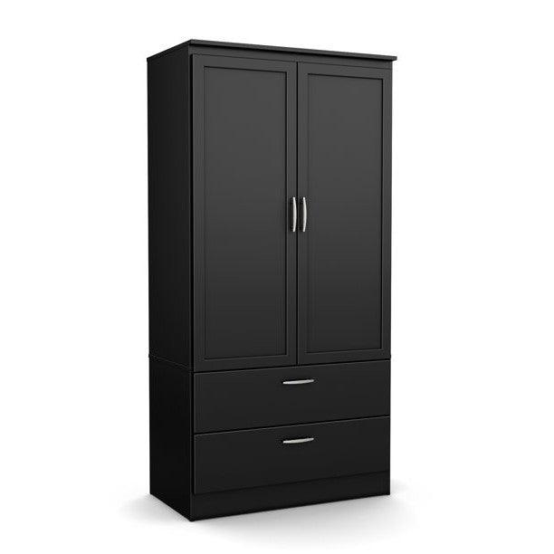 Modern Two Door Wardrobe Armoire with Two Drawers and Hanging Rod Storage, Black - PRHOMZ