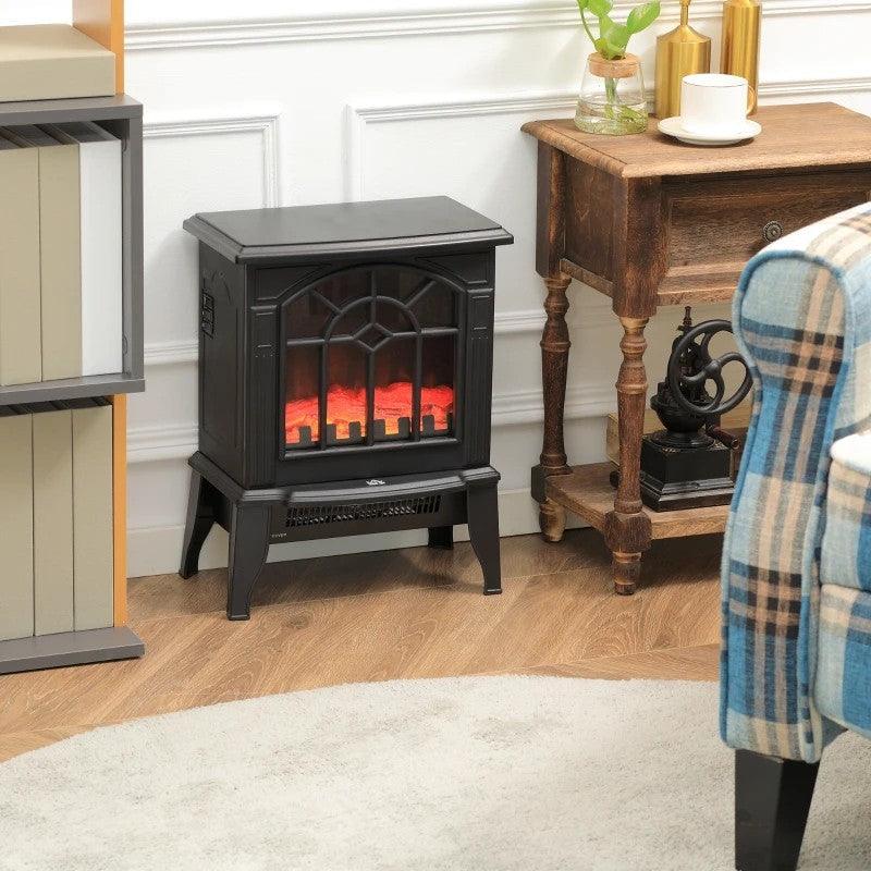 Black Electric Fireplace Heater with Realistic Log Flame LED - PRHOMZ