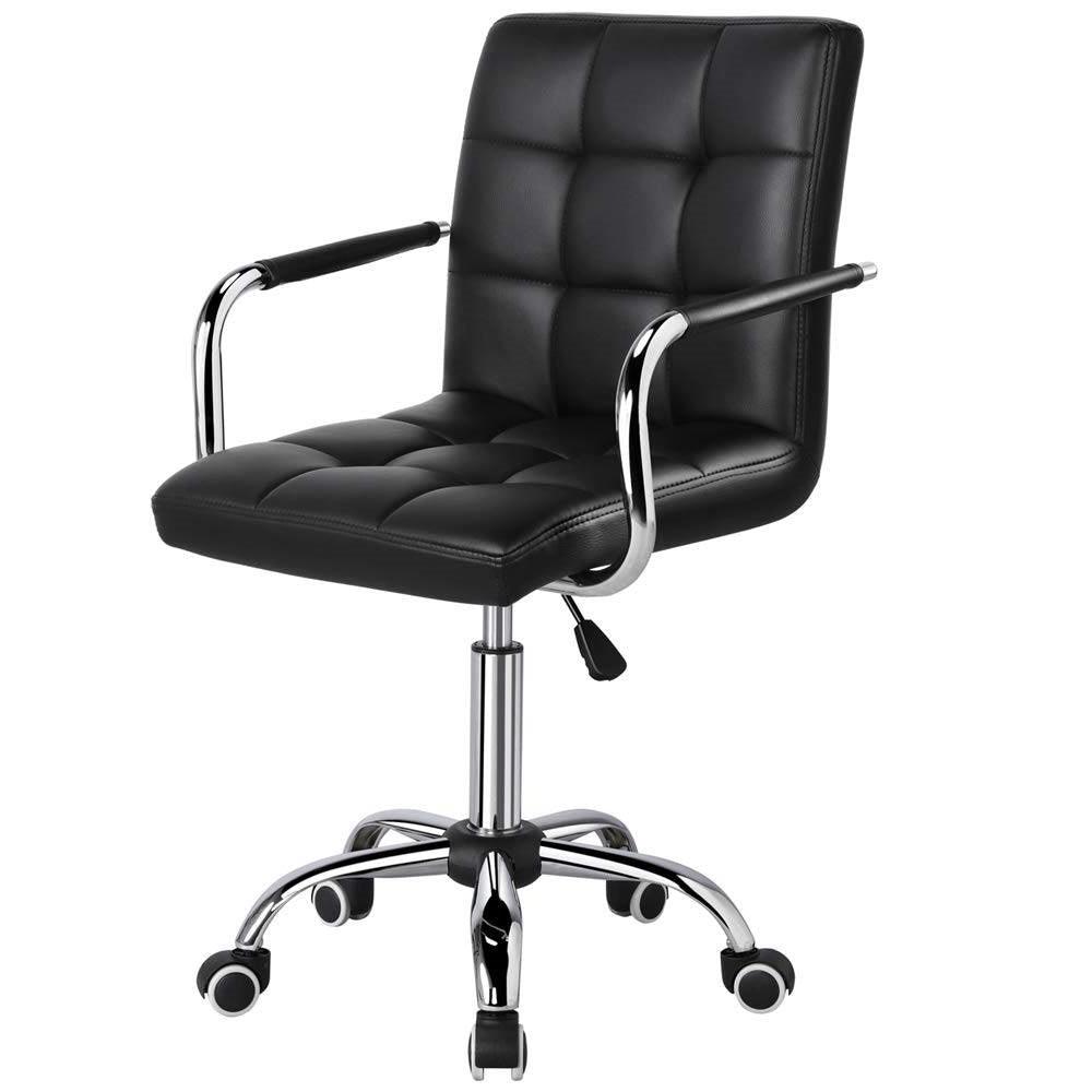 Modern Mid-Back Black Faux Leather Office Chair with Removable Arms - PRHOMZ