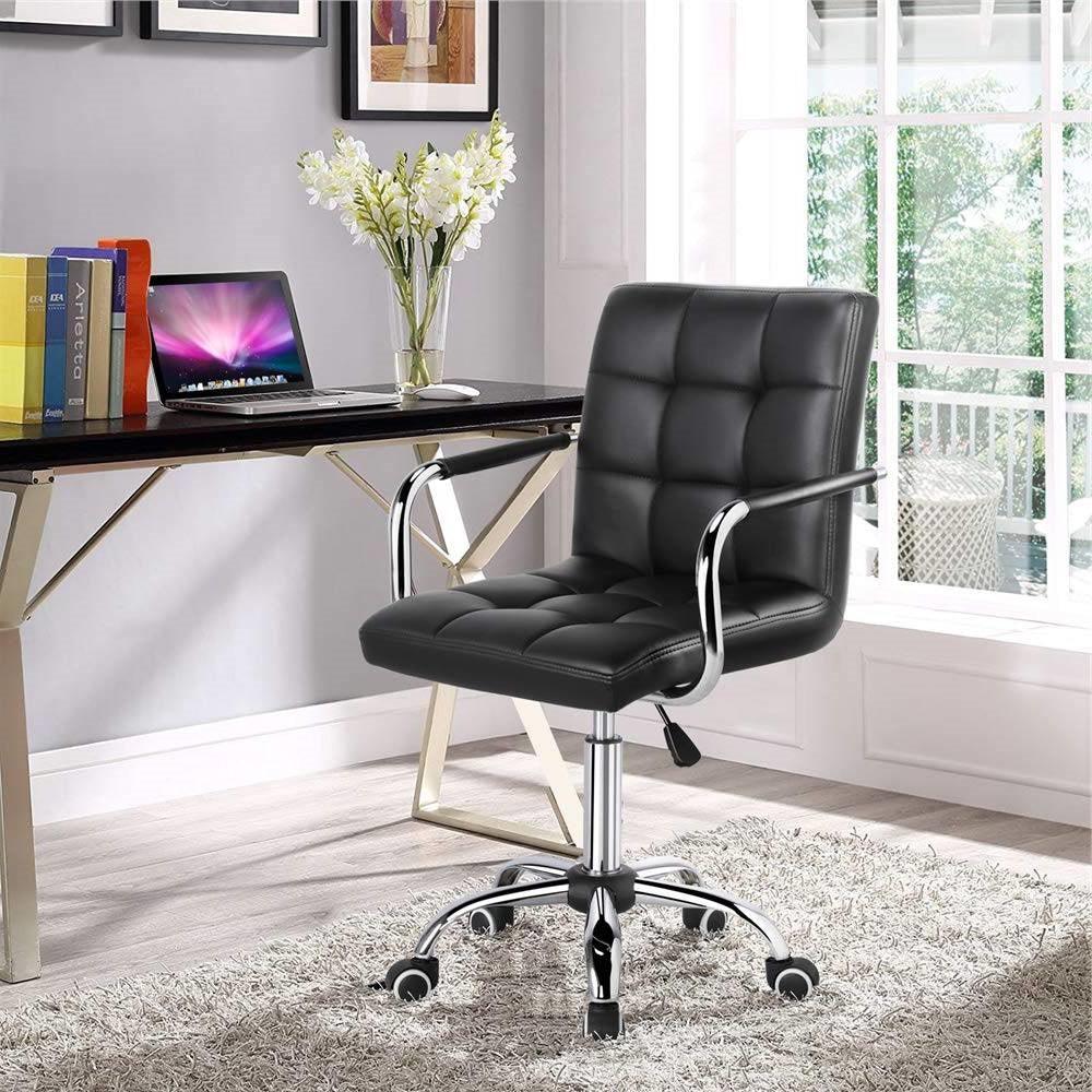Modern Mid-Back Black Faux Leather Office Chair with Removable Arms - PRHOMZ