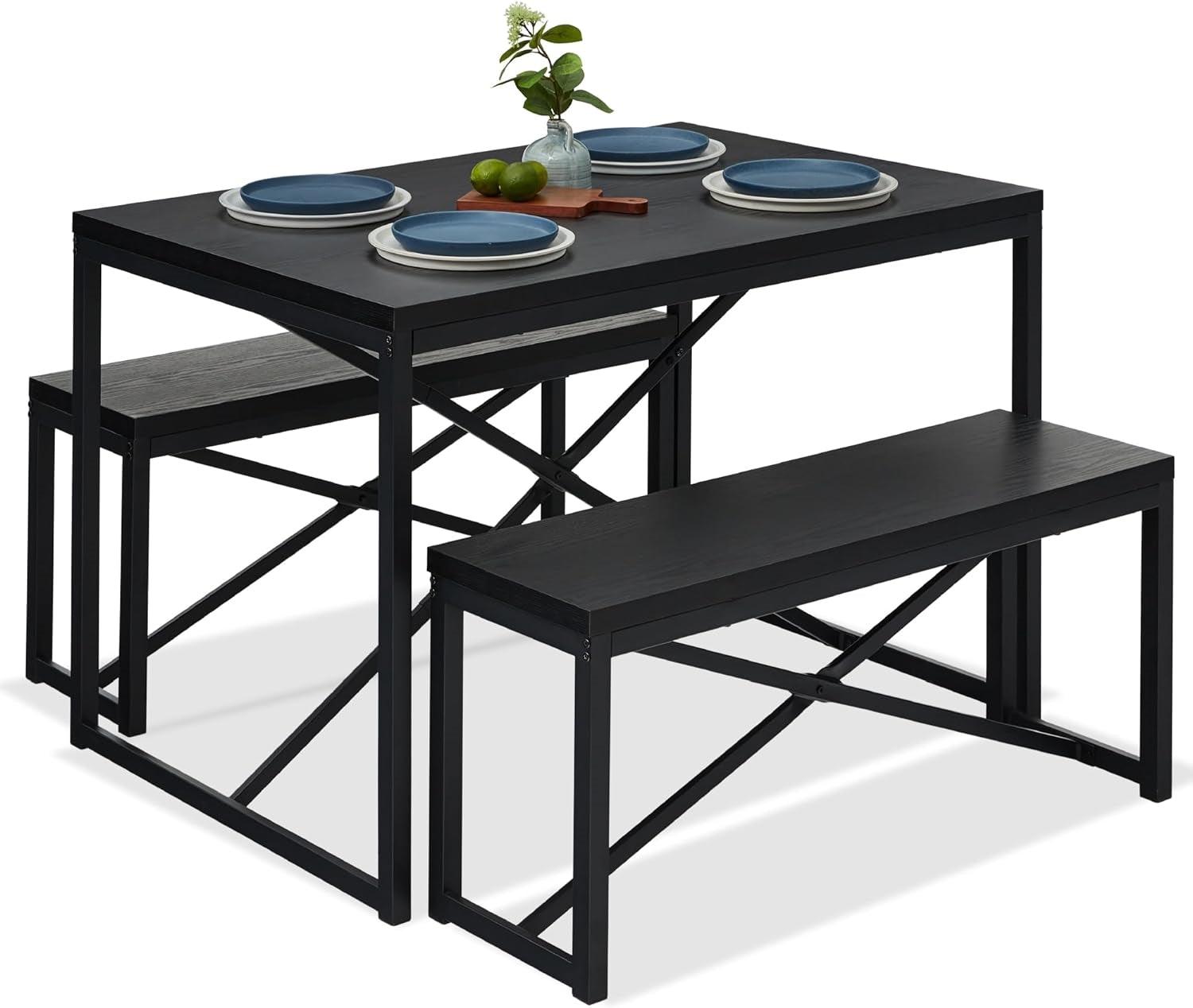 Modern 3-Piece Dining Set - Metal Frame Black Wood Top Table and 2 Bench Chairs - PRHOMZ