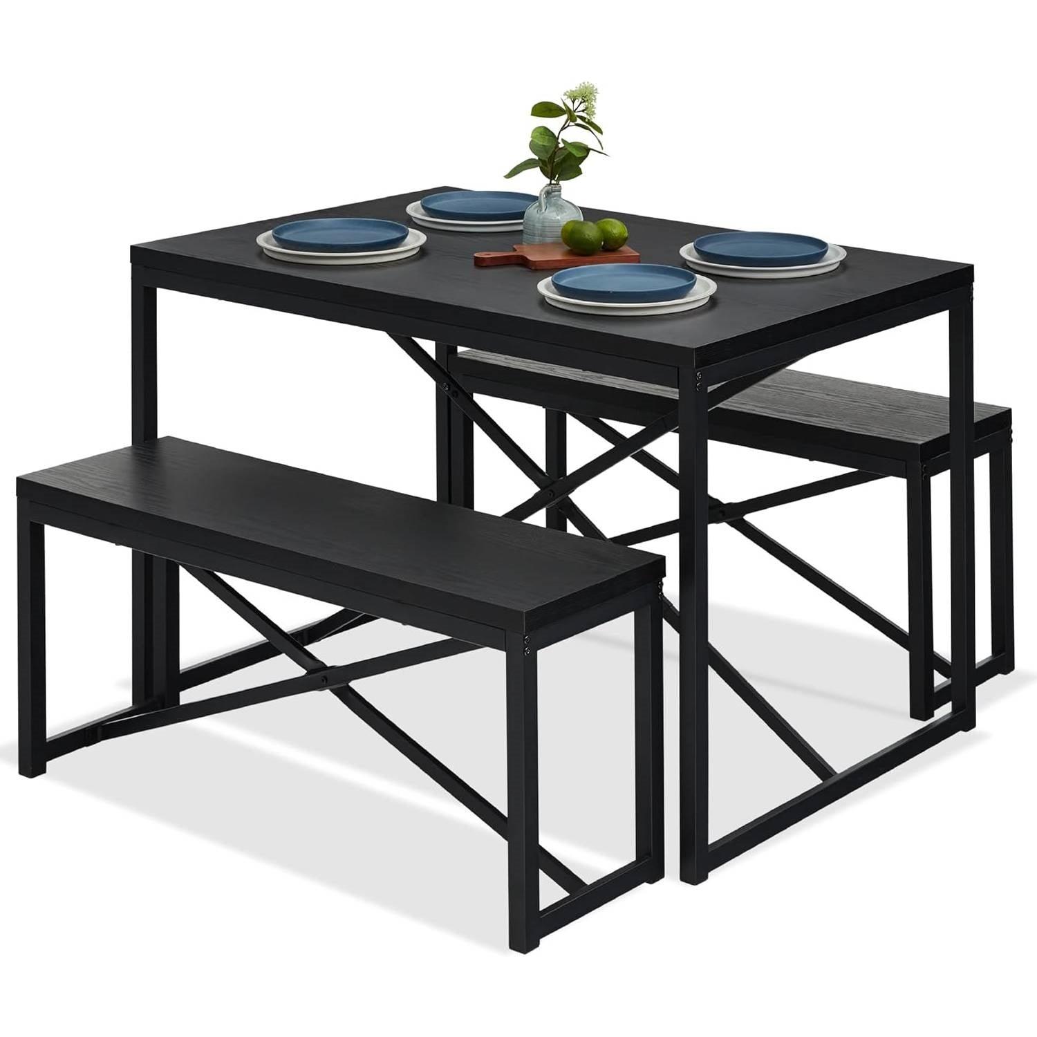 Modern 3-Piece Dining Set - Metal Frame Black Wood Top Table and 2 Bench Chairs - PRHOMZ