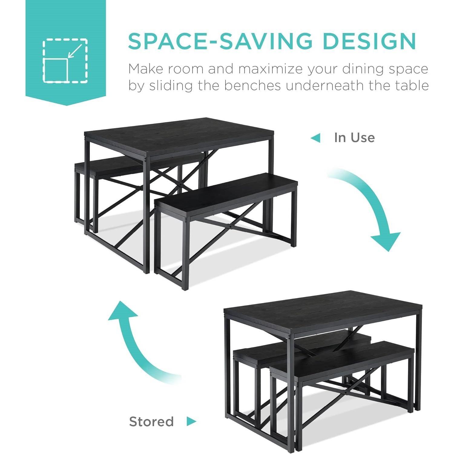 Modern 3-Piece Dining Set - Metal Frame Black Wood Top Table and 2 Bench Chairs - PRHOMZ