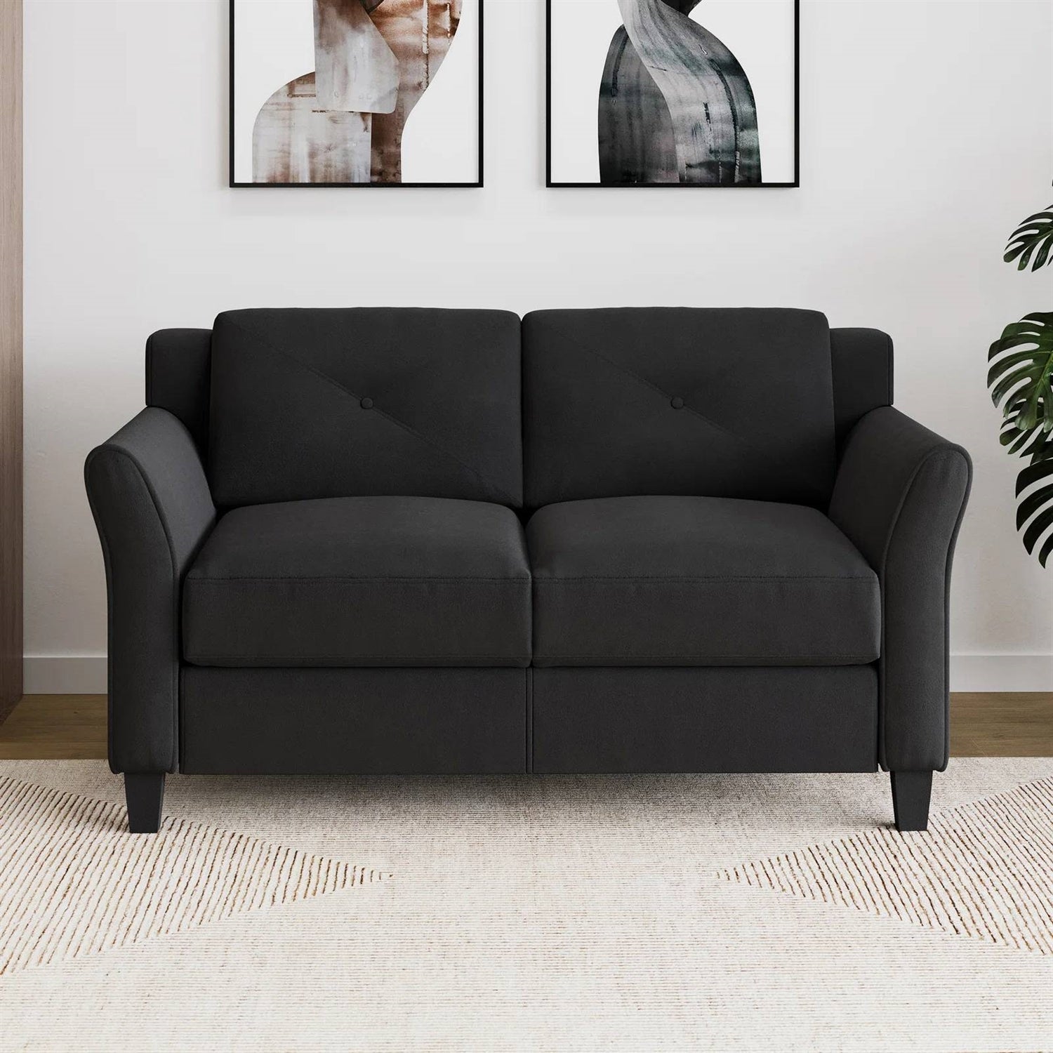 Modern Upholstered Loveseat Sofa in Black Microfiber with Button Tufted Cushions-1