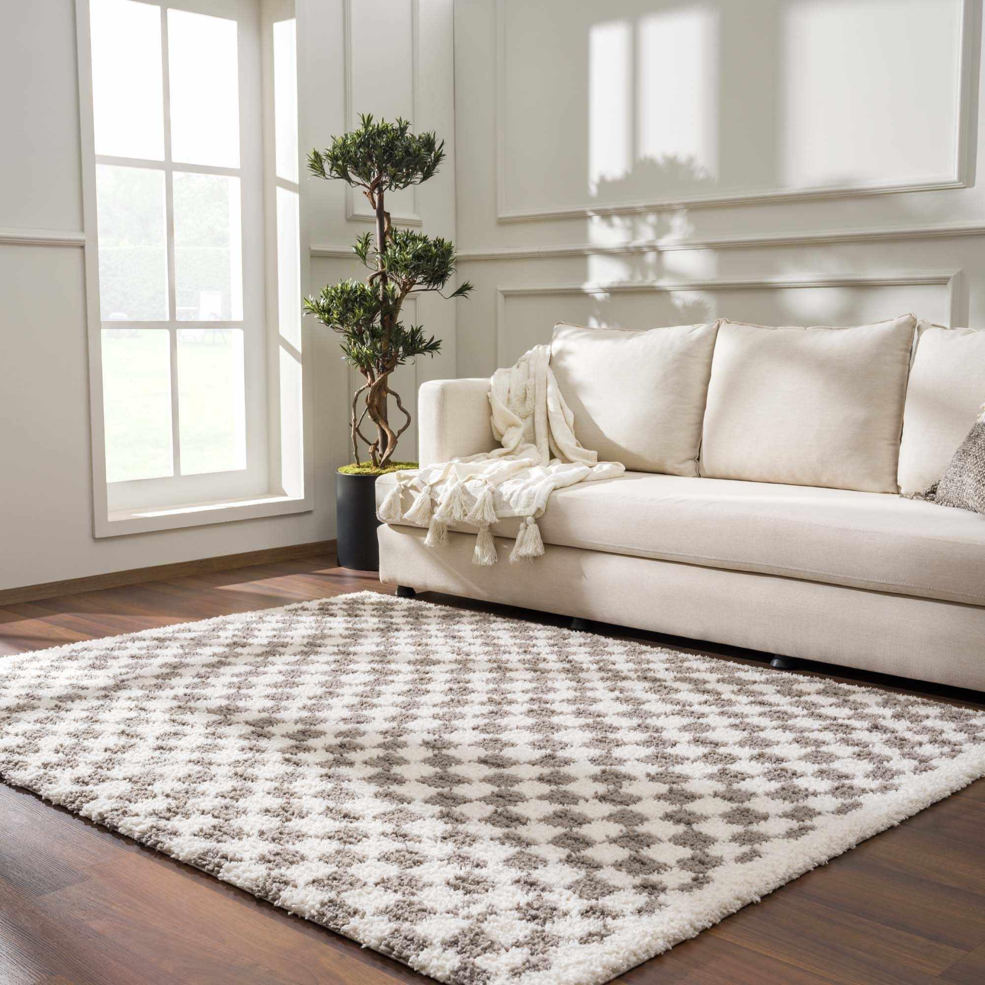 Kieu Taupe Checkered Area Rug - PRHOMZ