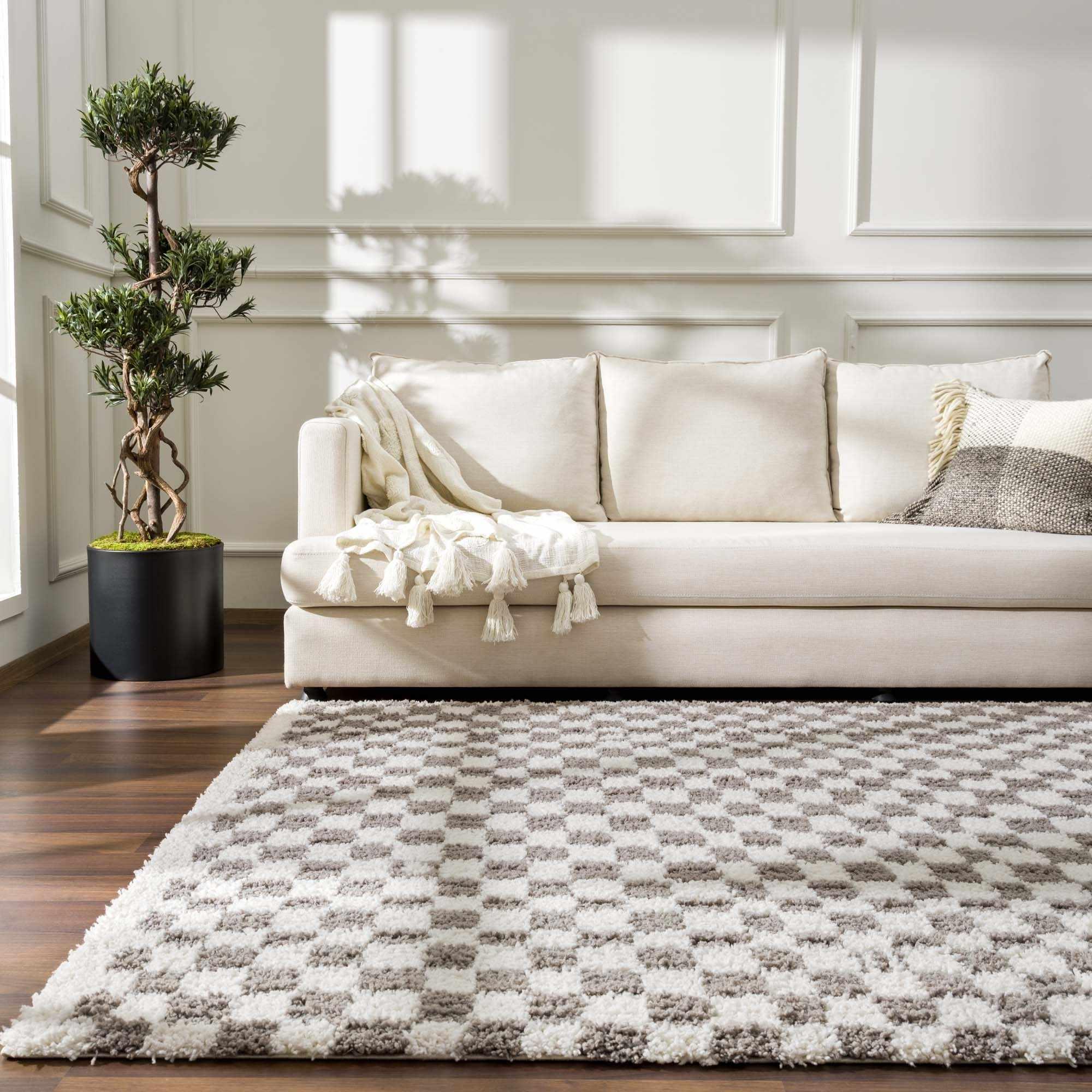 Kieu Taupe Checkered Area Rug - PRHOMZ
