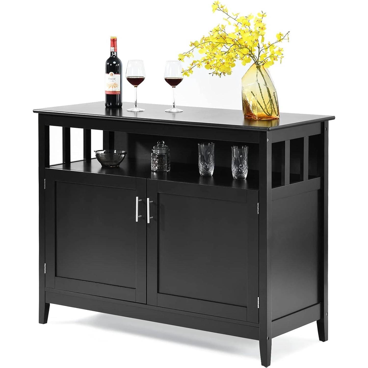 Black Wood 2-Door Dining Buffet Sideboard Cabinet with Open Storage Shelf - PRHOMZ