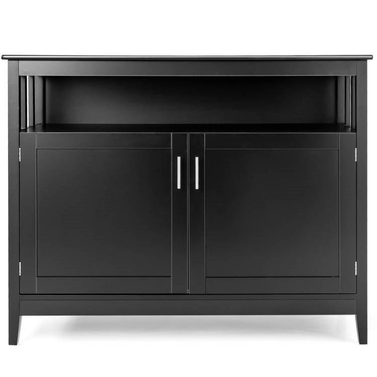 Black Wood 2-Door Dining Buffet Sideboard Cabinet with Open Storage Shelf - PRHOMZ