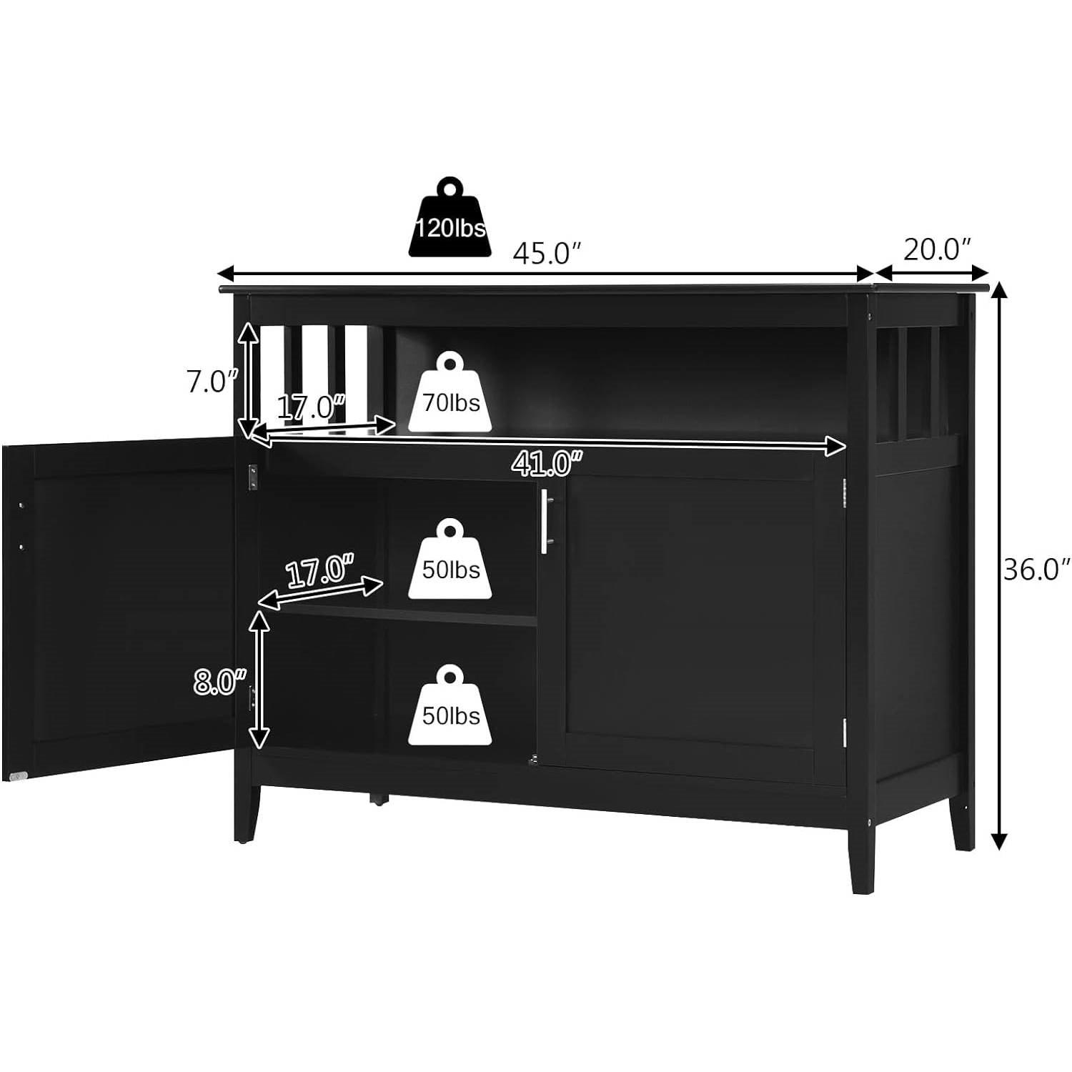 Black Wood 2-Door Dining Buffet Sideboard Cabinet with Open Storage Shelf - PRHOMZ