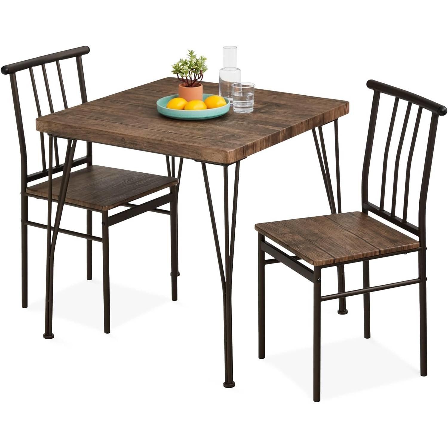 3-Piece Black Metal Frame Dining Set with Dark Brown Wood Top Table and 2 Chairs - PRHOMZ