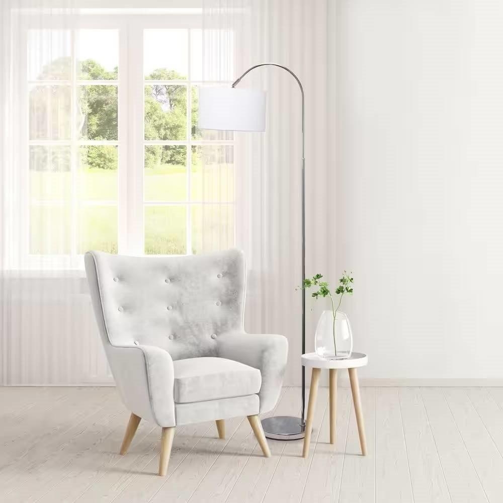 Modern Mid-Century Floor Lamp in Brushed Nickel Finish with White Drum Shade - PRHOMZ