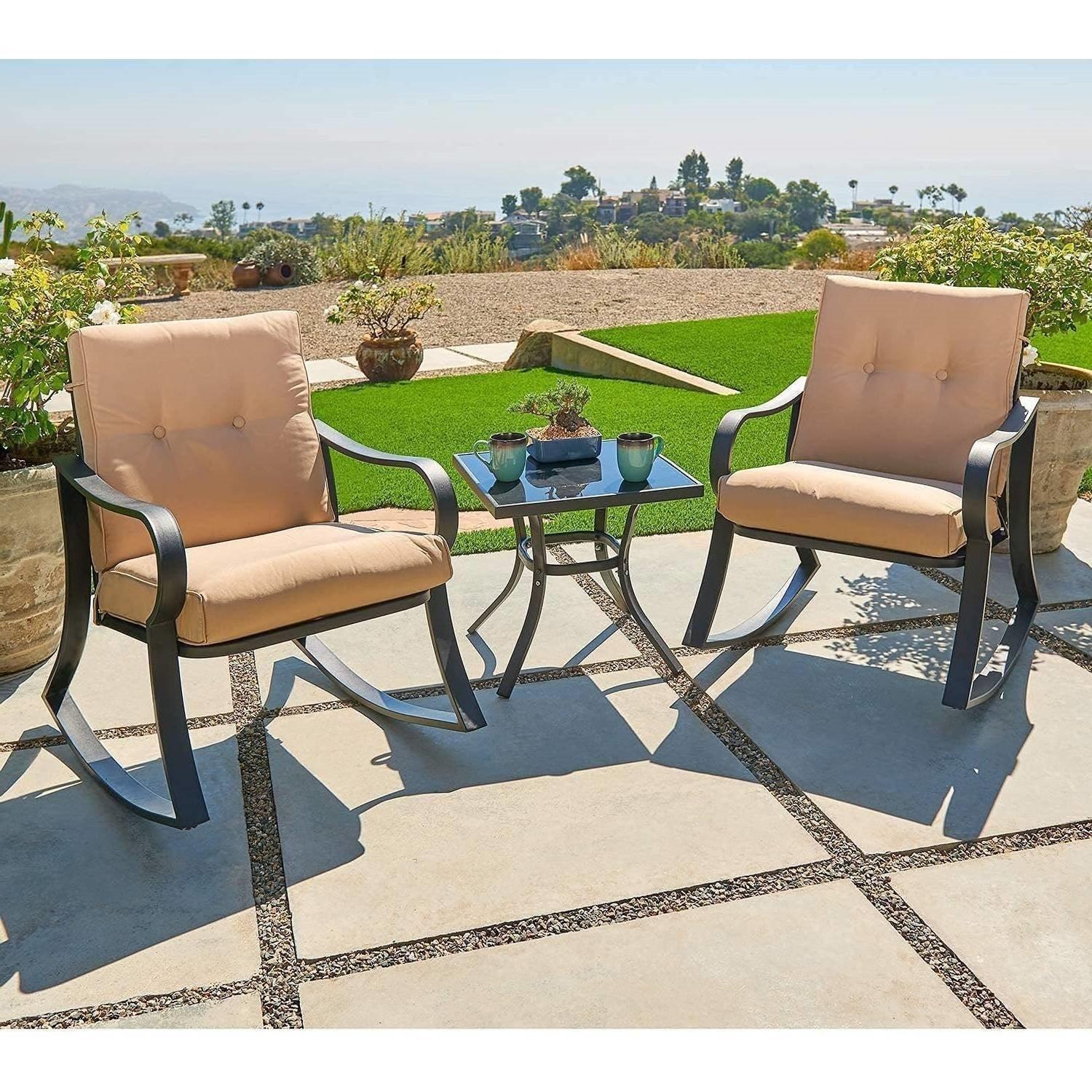 3-Piece Outdoor Patio Furniture Table Rocking Chairs Set with Beige Cushions - PRHOMZ