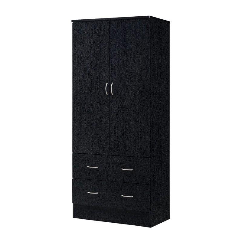 Black 2 Door Wardrobe Armoire with 2 Drawers and Hanging Rod Storage - PRHOMZ