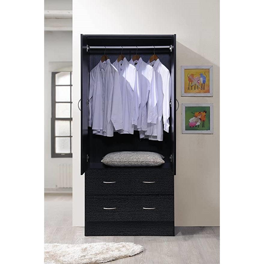 Black 2 Door Wardrobe Armoire with 2 Drawers and Hanging Rod Storage - PRHOMZ