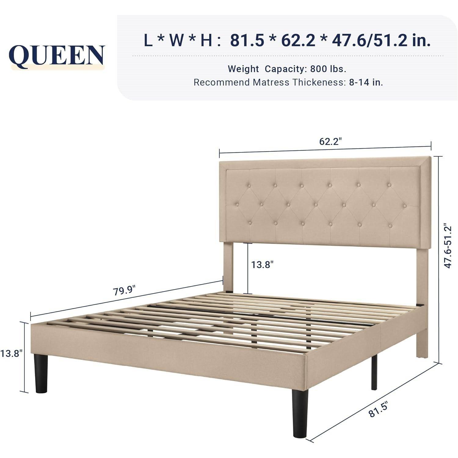 Queen size Beige Linen Platform Bed Frame with Button Tufted Headboard - PRHOMZ