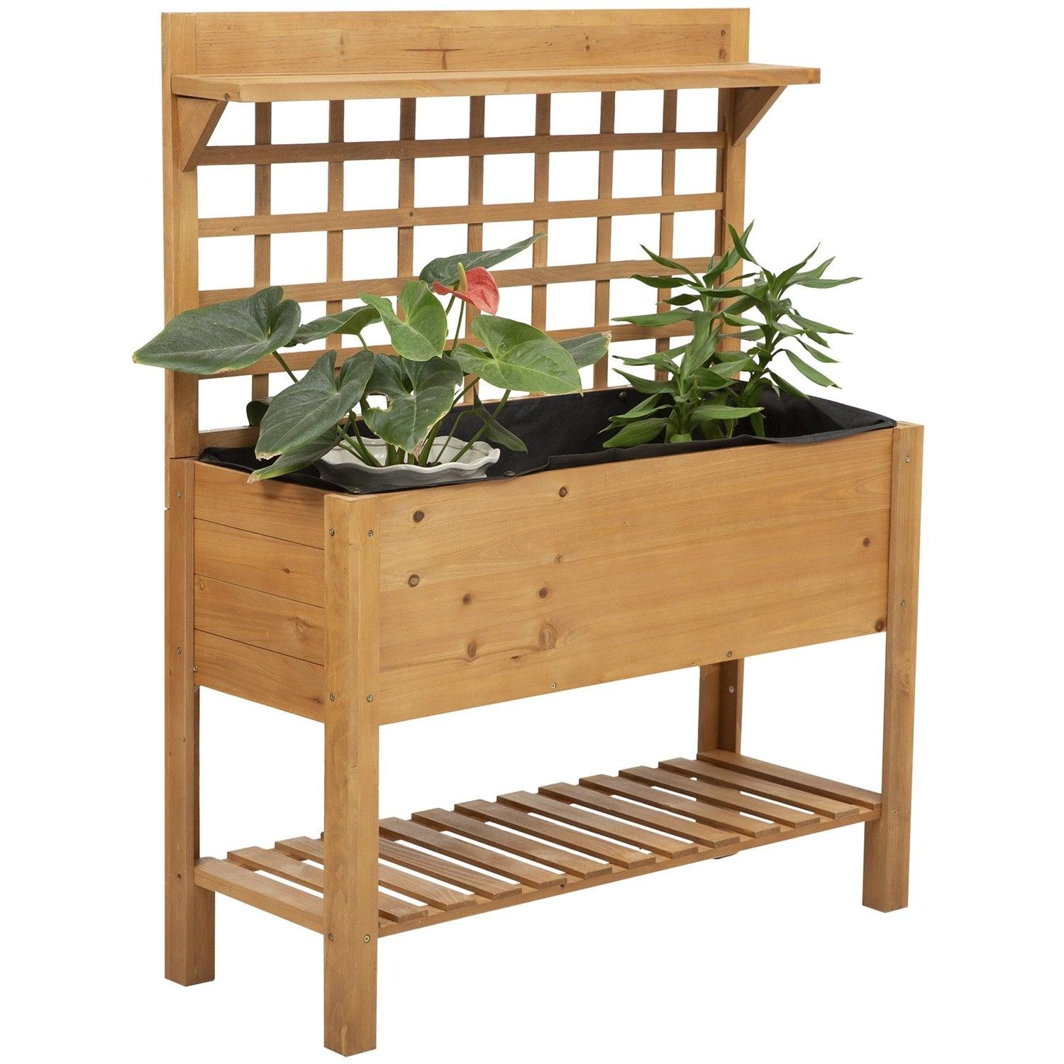 Solid Fir Wood Trellis Elevated Garden Raised Planter Bed with Wheels - PRHOMZ