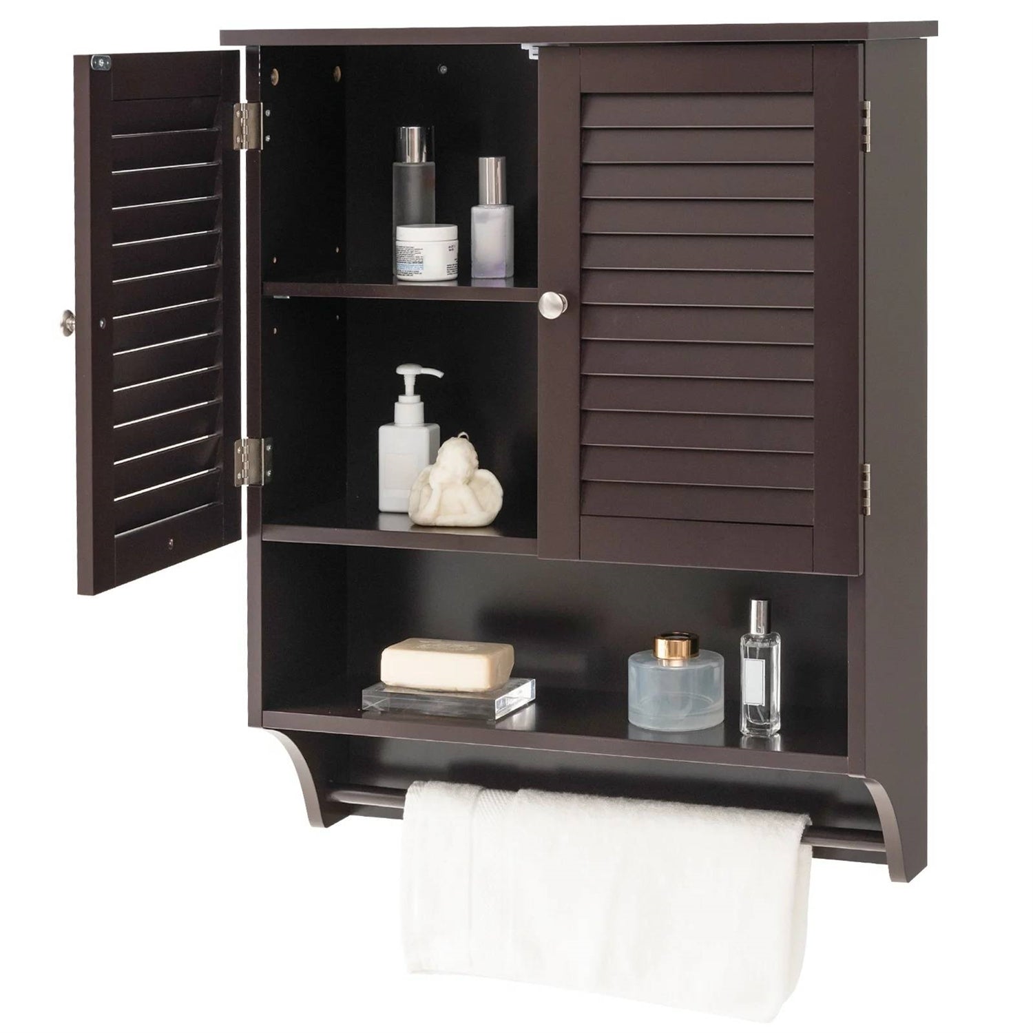 Brown Wall-Mounted Bathroom Medicine Cabinet with Louver Doors and Towel Bar-0