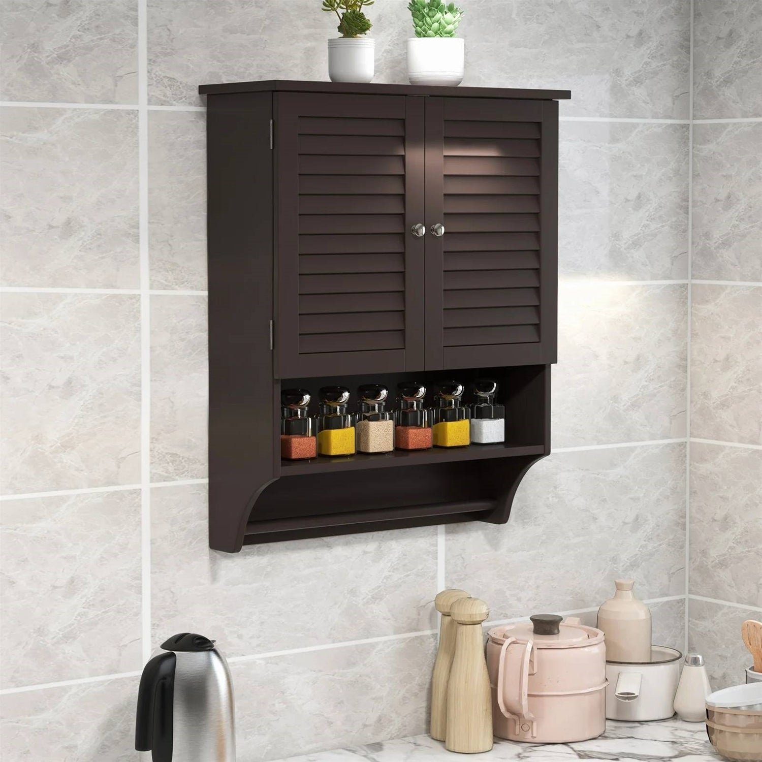 Brown Wall-Mounted Bathroom Medicine Cabinet with Louver Doors and Towel Bar-2