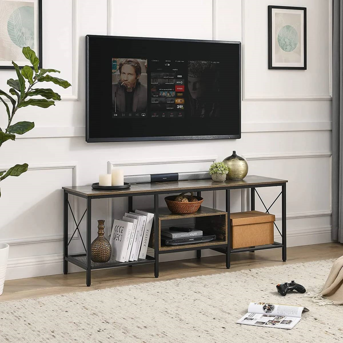 Industrial Farmhouse Metal Wood TV Stand with Media Storage Shelves-2