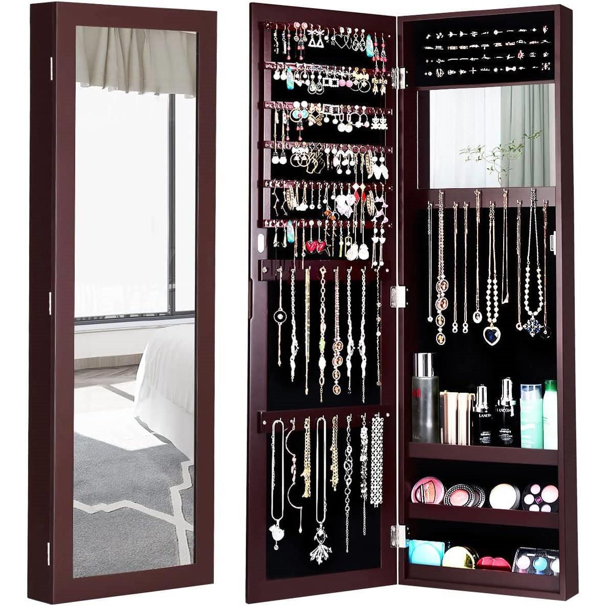 2-in-1 Dark Brown Wall or Door Mounted Jewelry Organizer Full Length Mirror - PRHOMZ